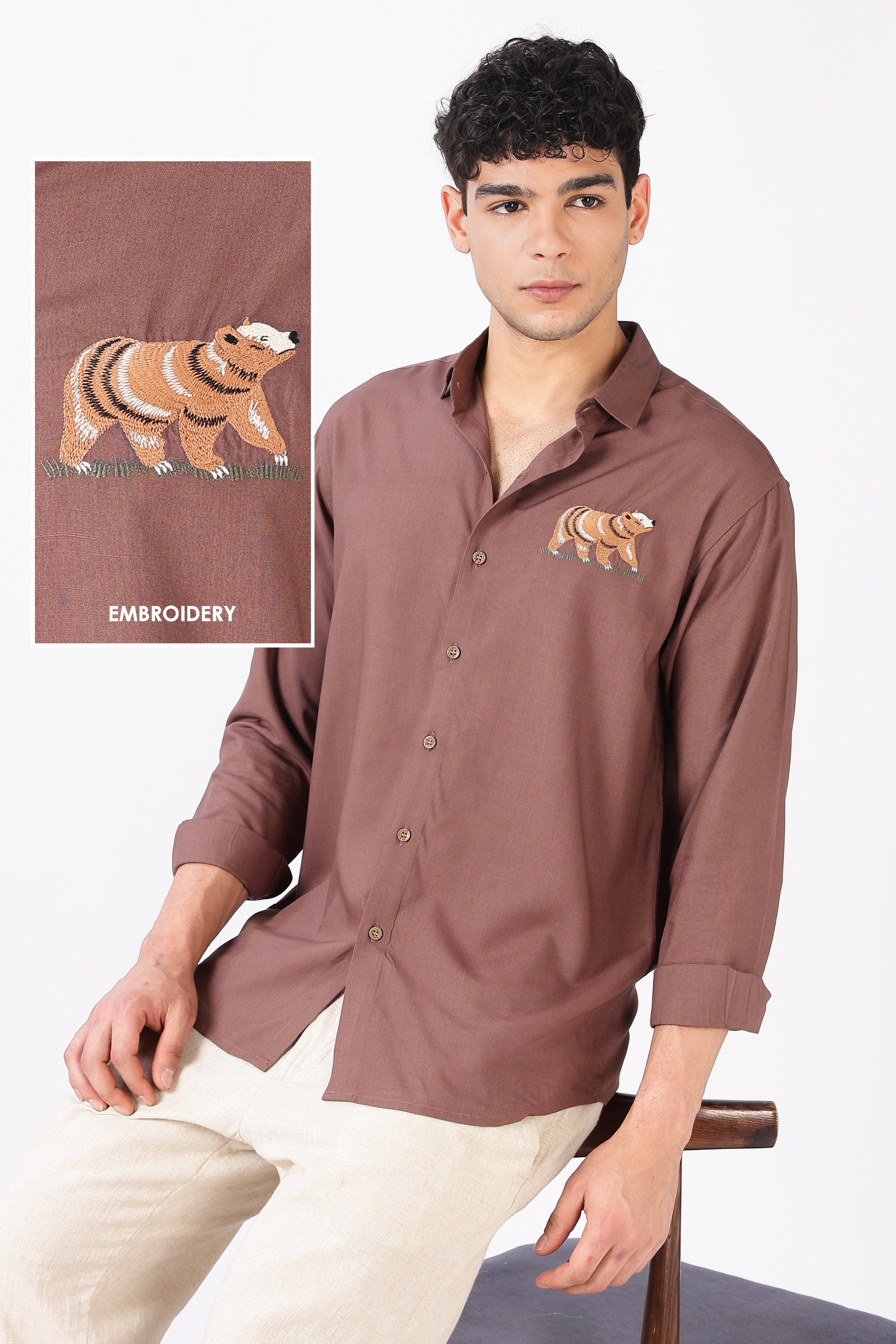 Woodland Bear Cotton Regular Fit Pink Embroidered Shirt