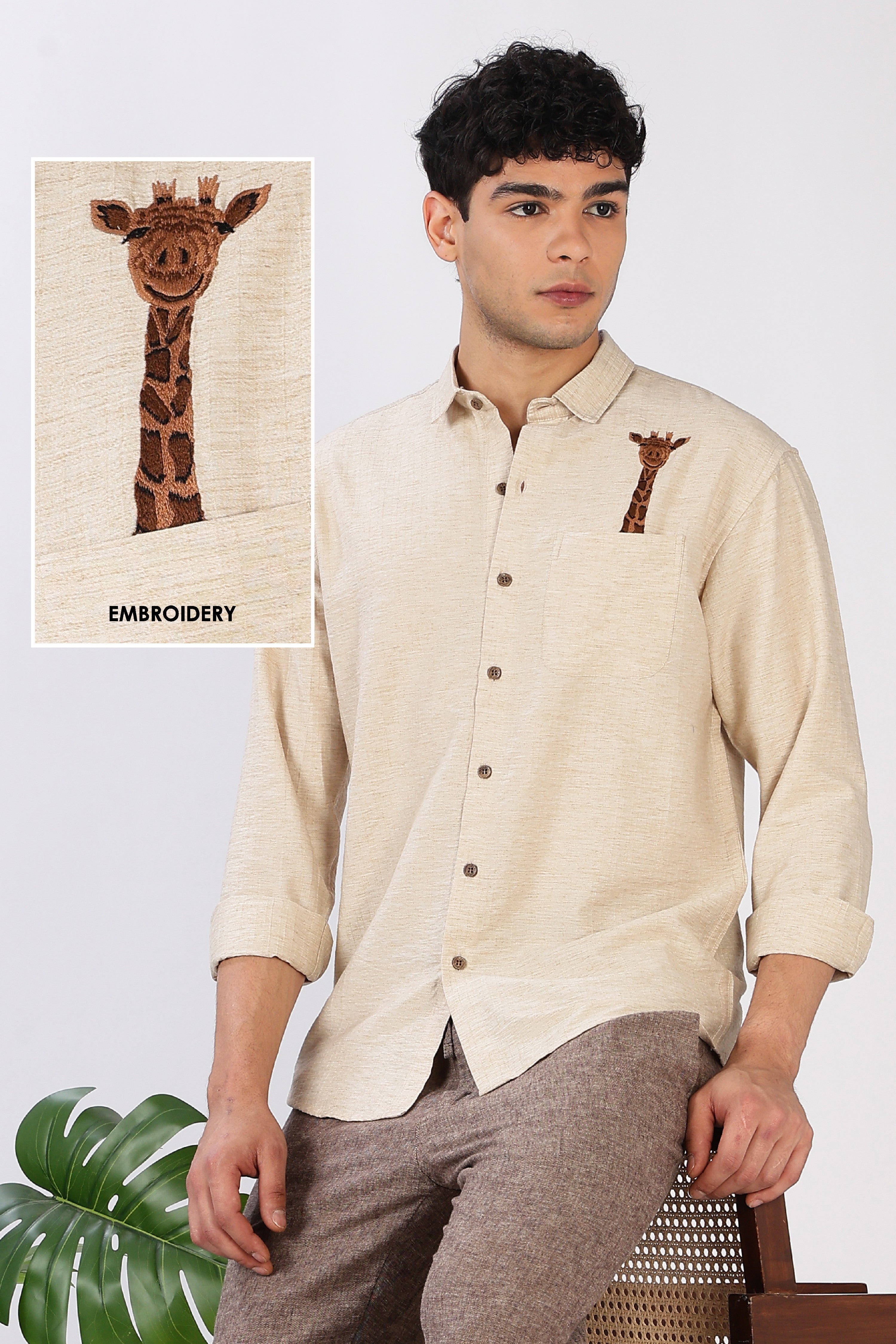 Gentle Giraffe Cotton Regular Fit Beige Embroidered Shirt