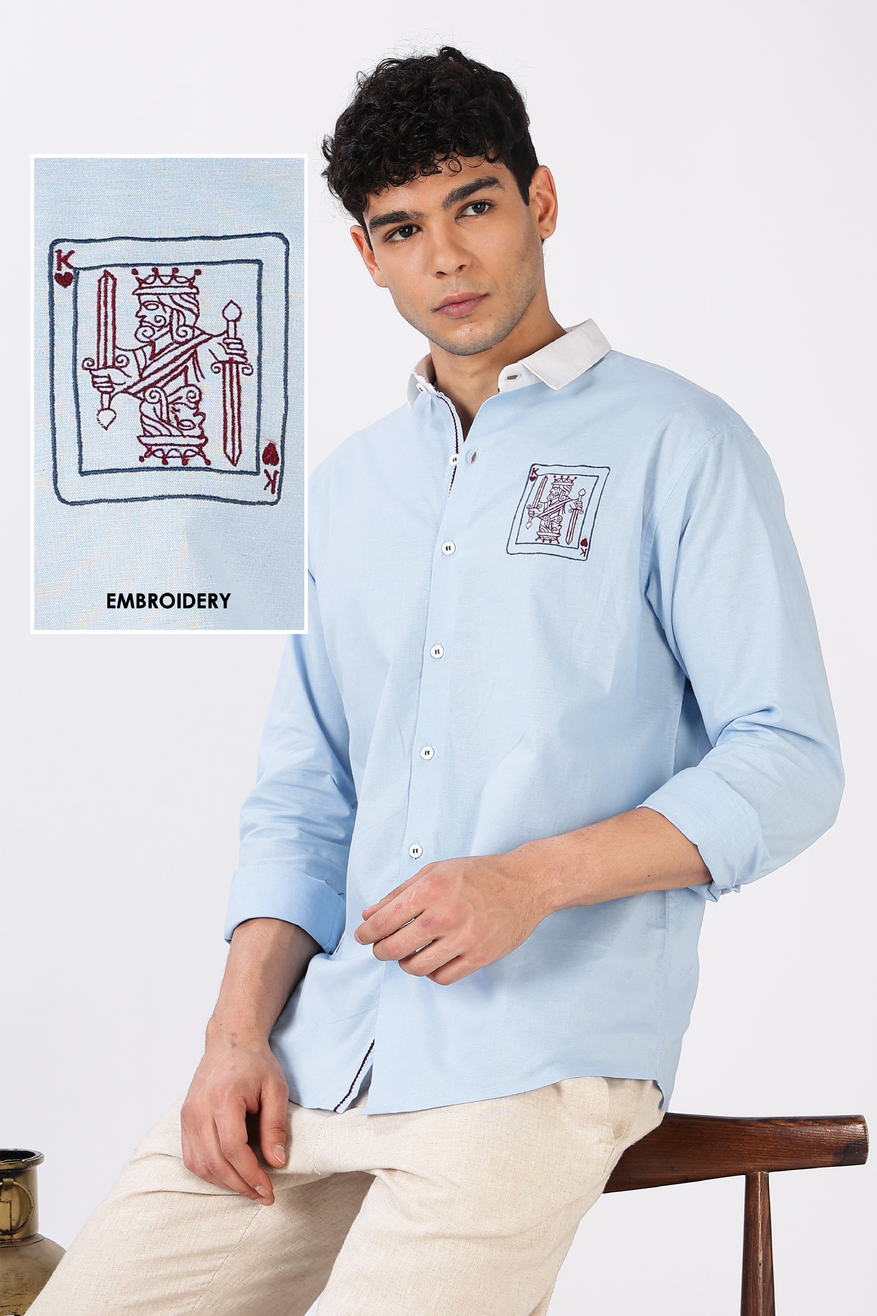 Kingmaker Cotton Regular Fit Sky Blue Embroidered Shirt