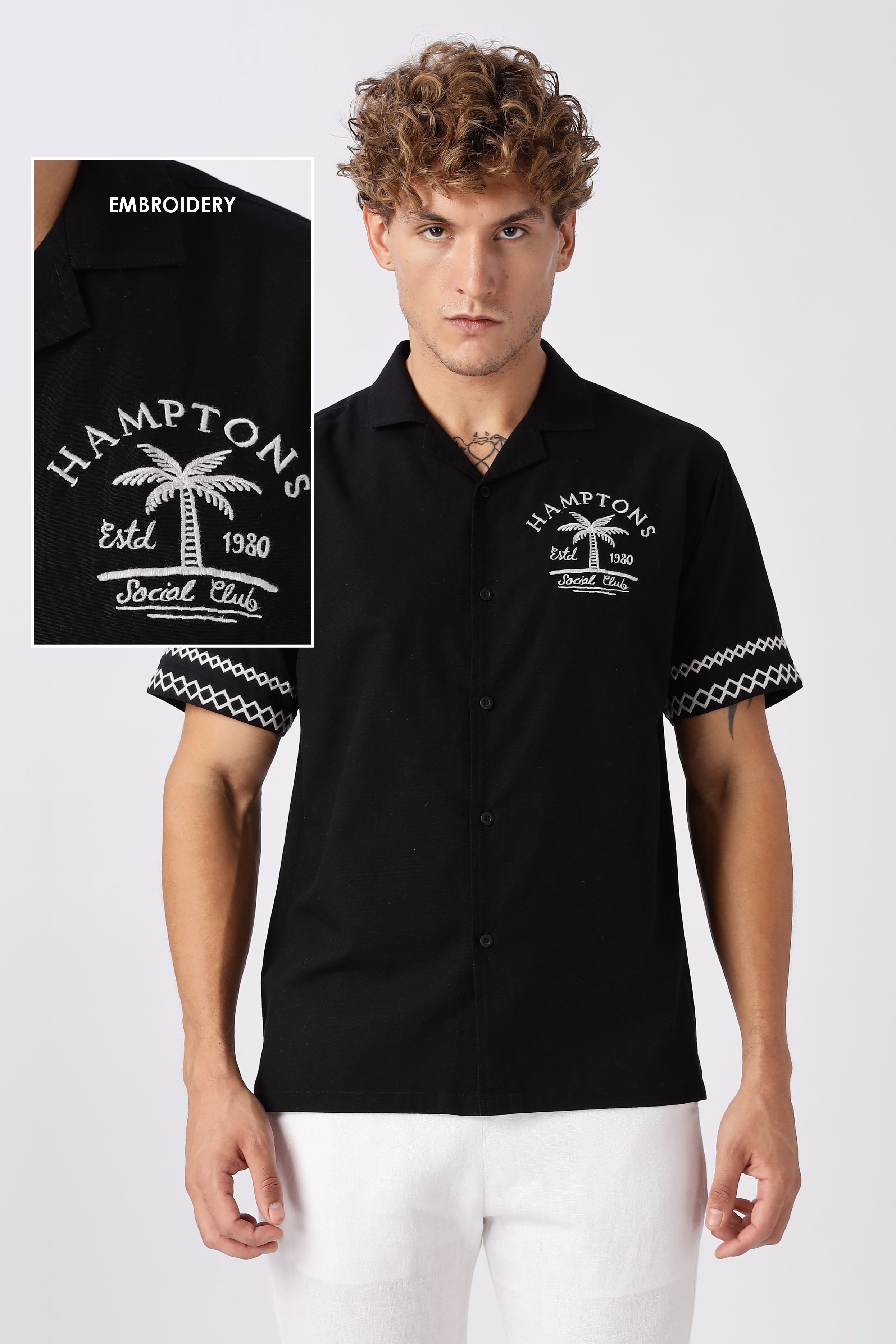 Hamptons Social Club Cotton Box Fit Black Embroidered Shirt