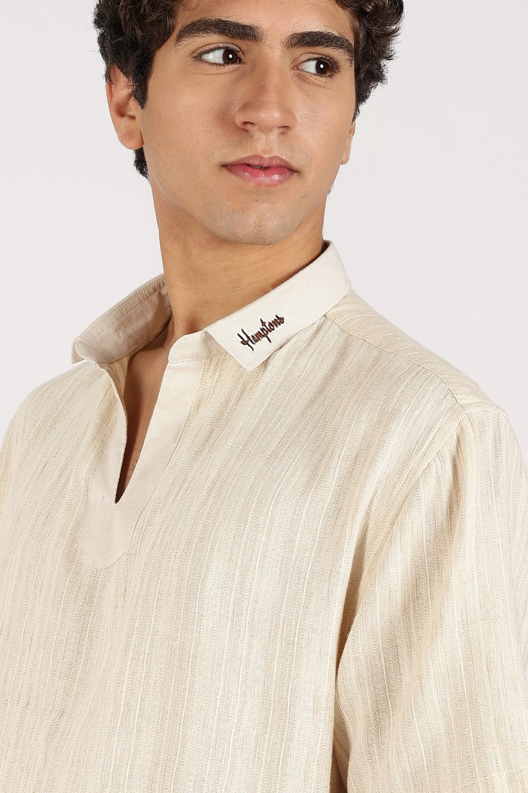 Textured Johnny Collar Cotton Regular Fit Beige Striped Shirt