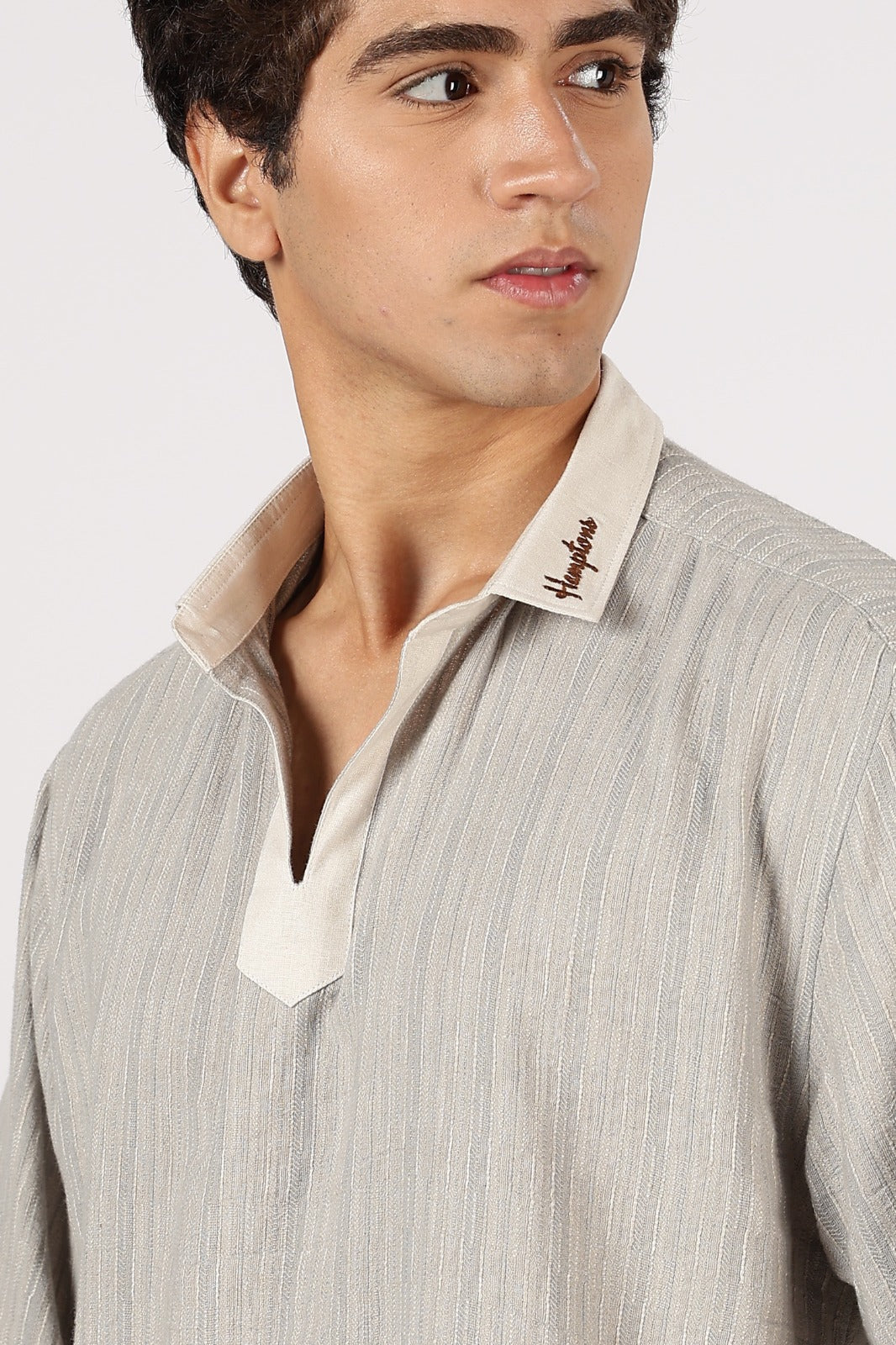 Drift Weave Johnny Collar Cotton Regular Fit Grey Striped Shirt