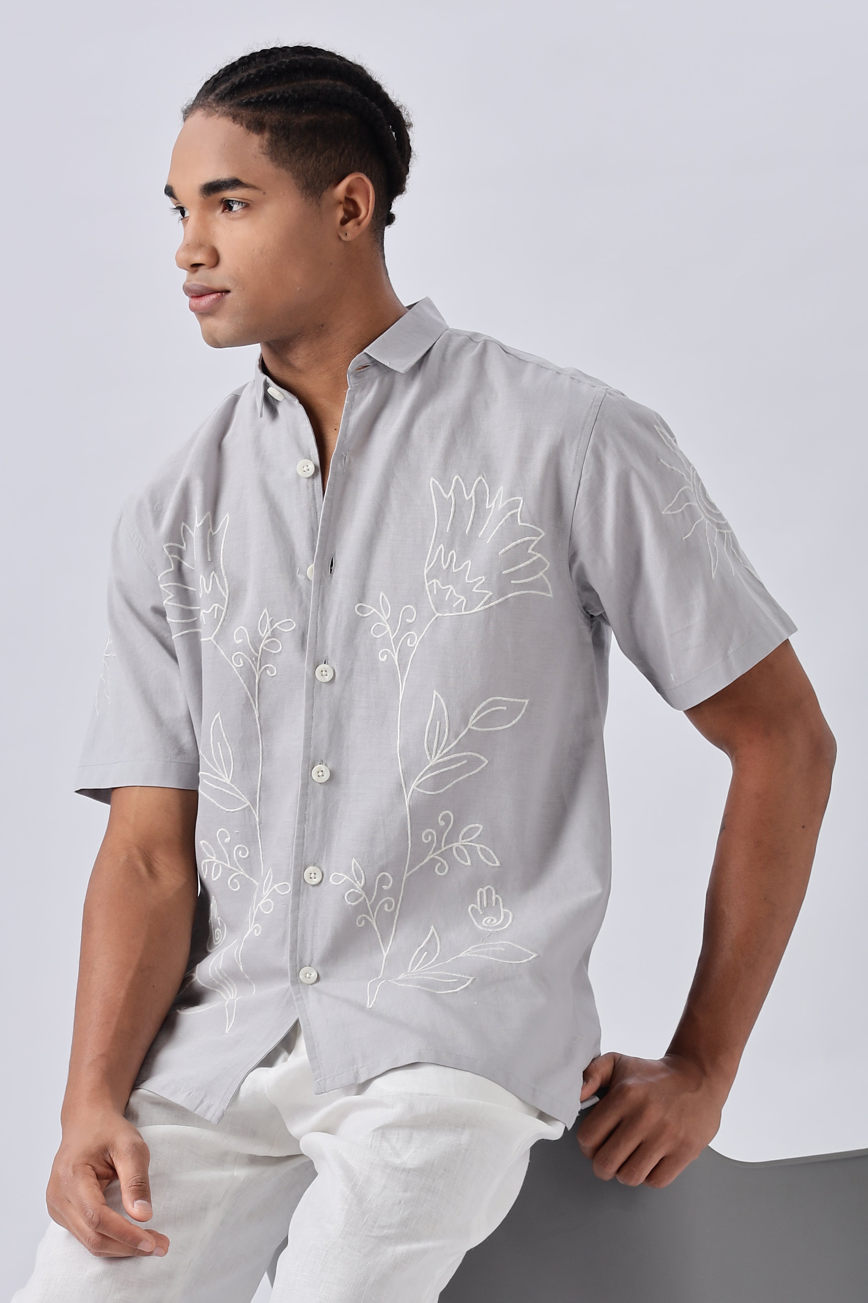 Corsica Grey Floral Embroidery Box Fit Shirt