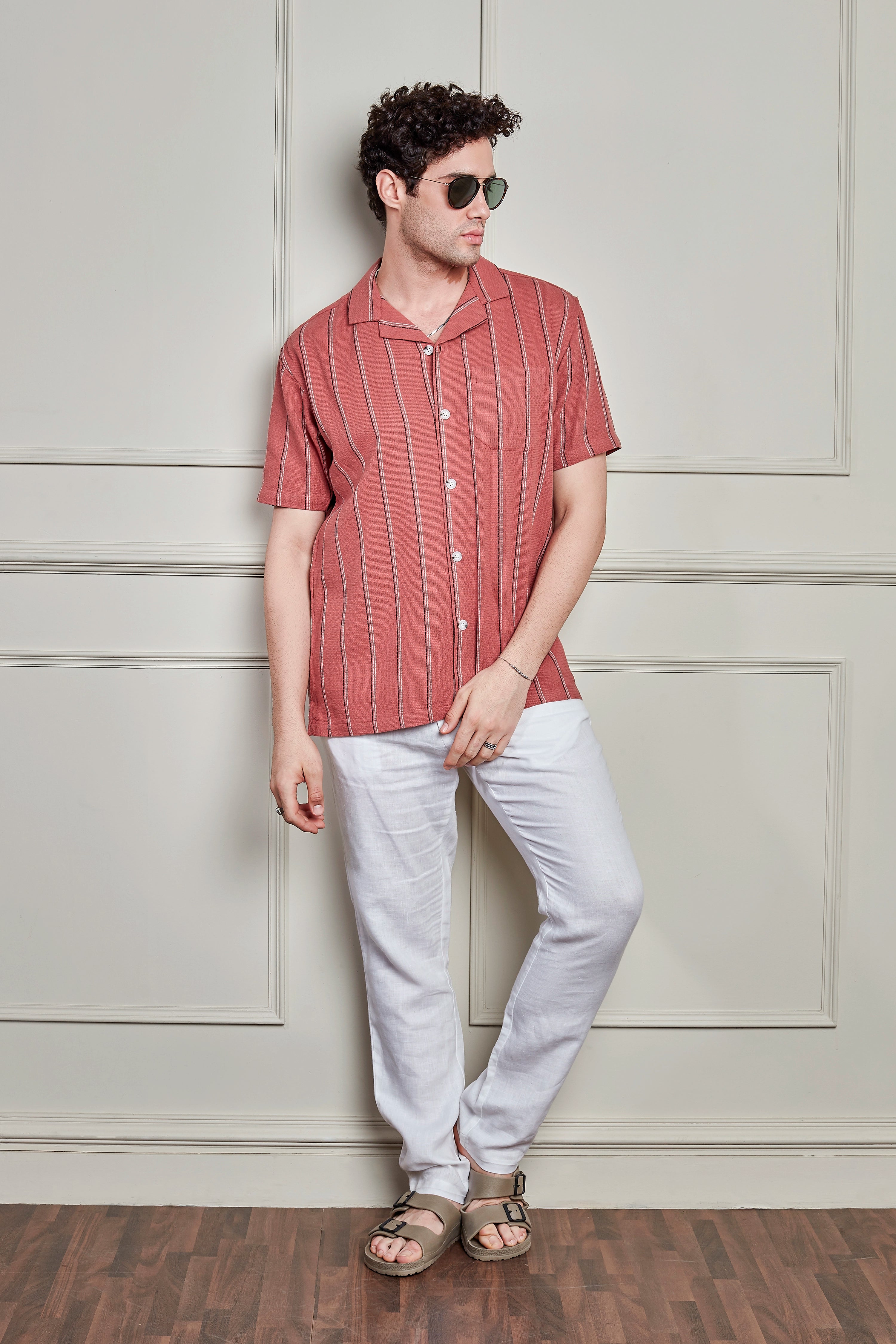 Rice knit Stripes Camp Collar Shirt