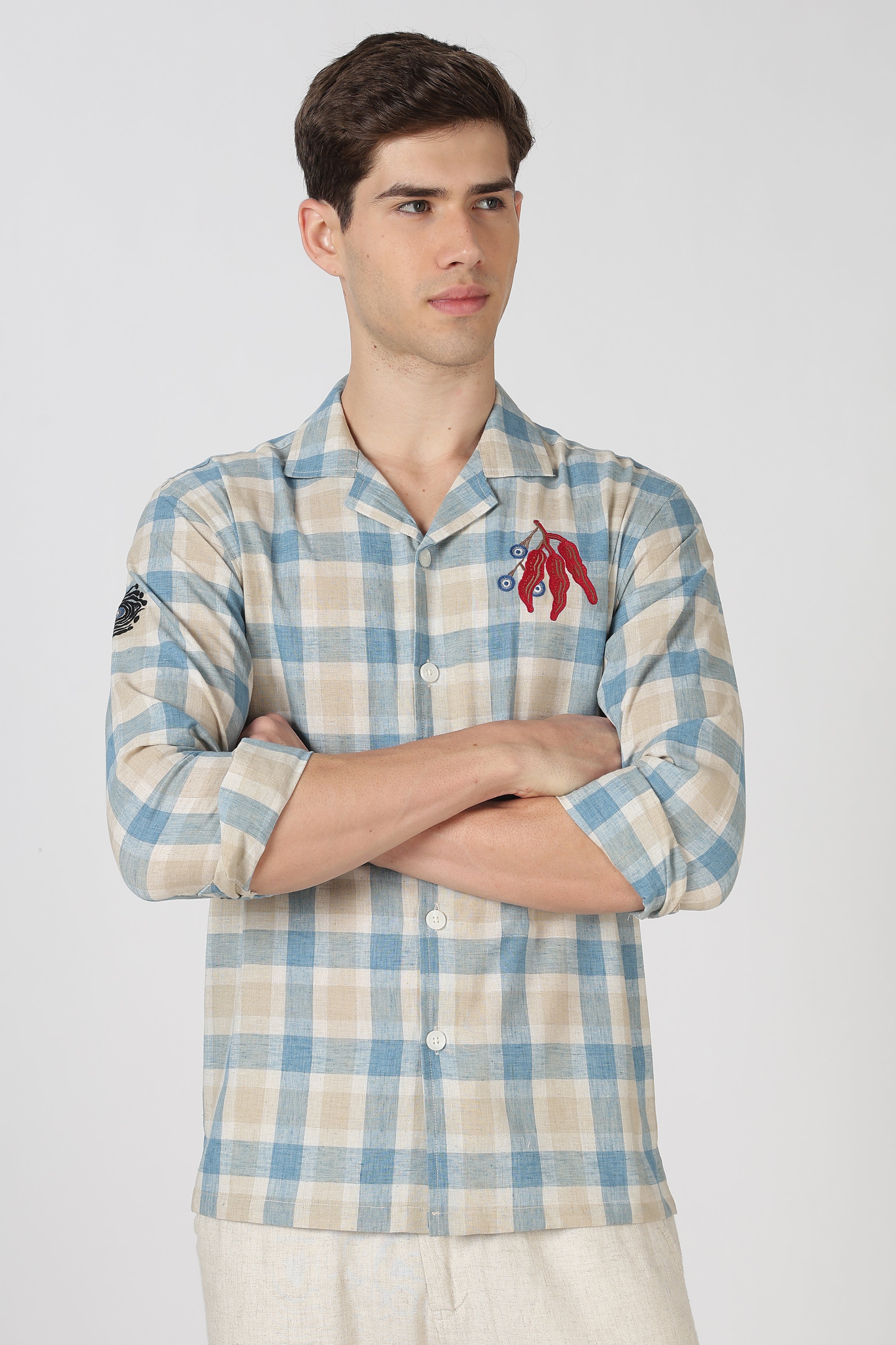 Evil Eye Cotton Box Fit Sky Blue Embroidered Shirt