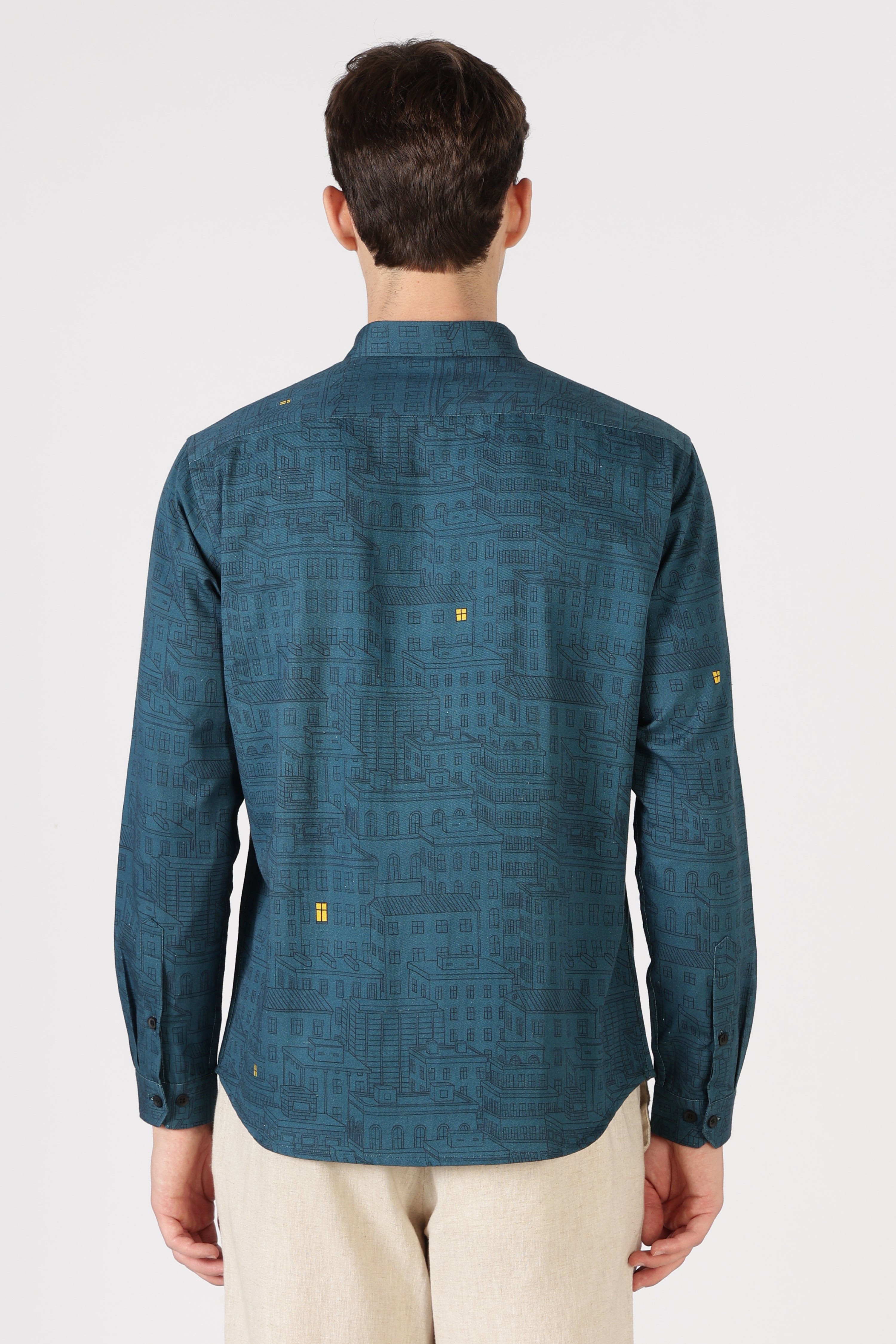 City Lights Cotton Regular Fit Teal Blue Printed Shirt