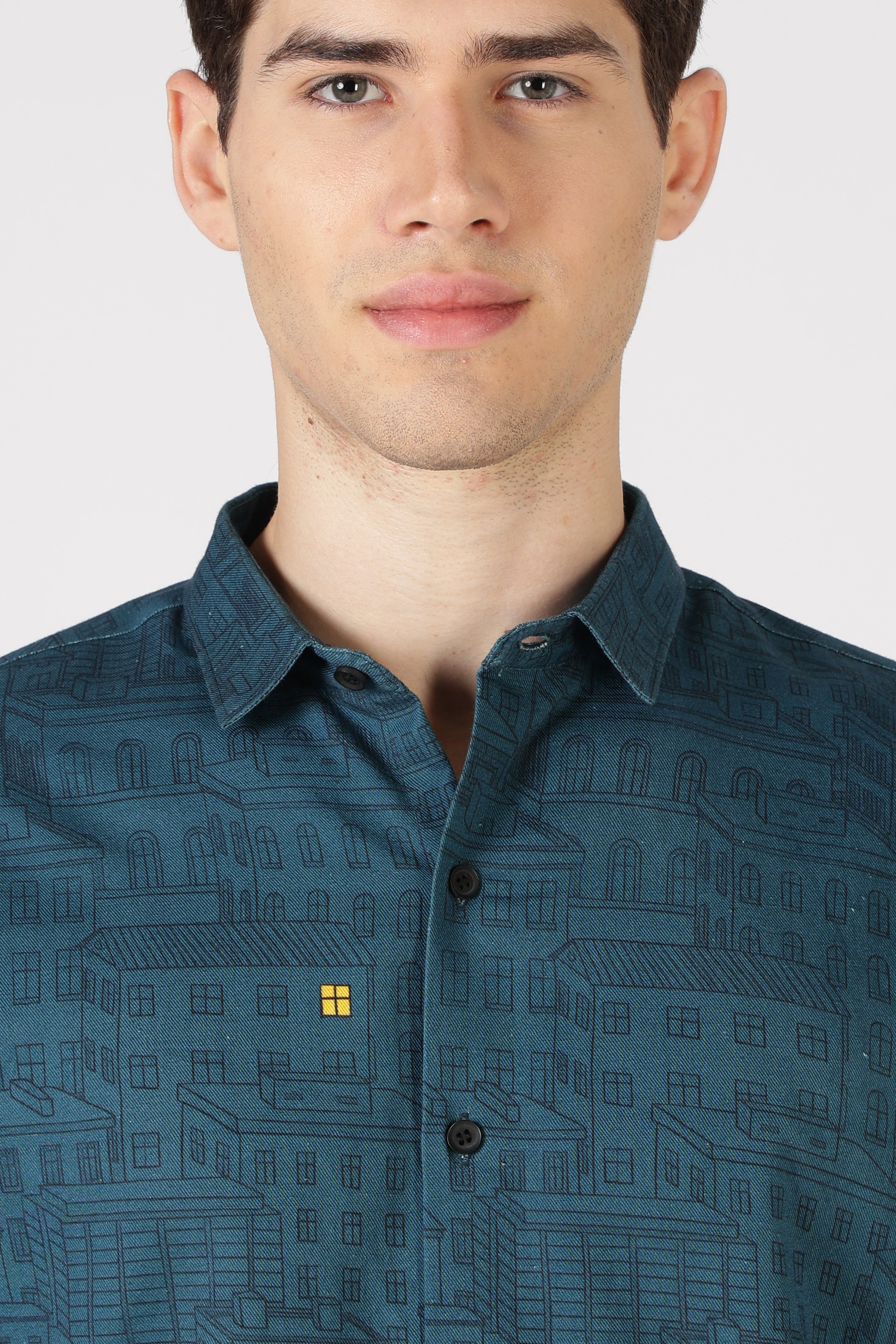 City Lights Cotton Regular Fit Teal Blue Printed Shirt