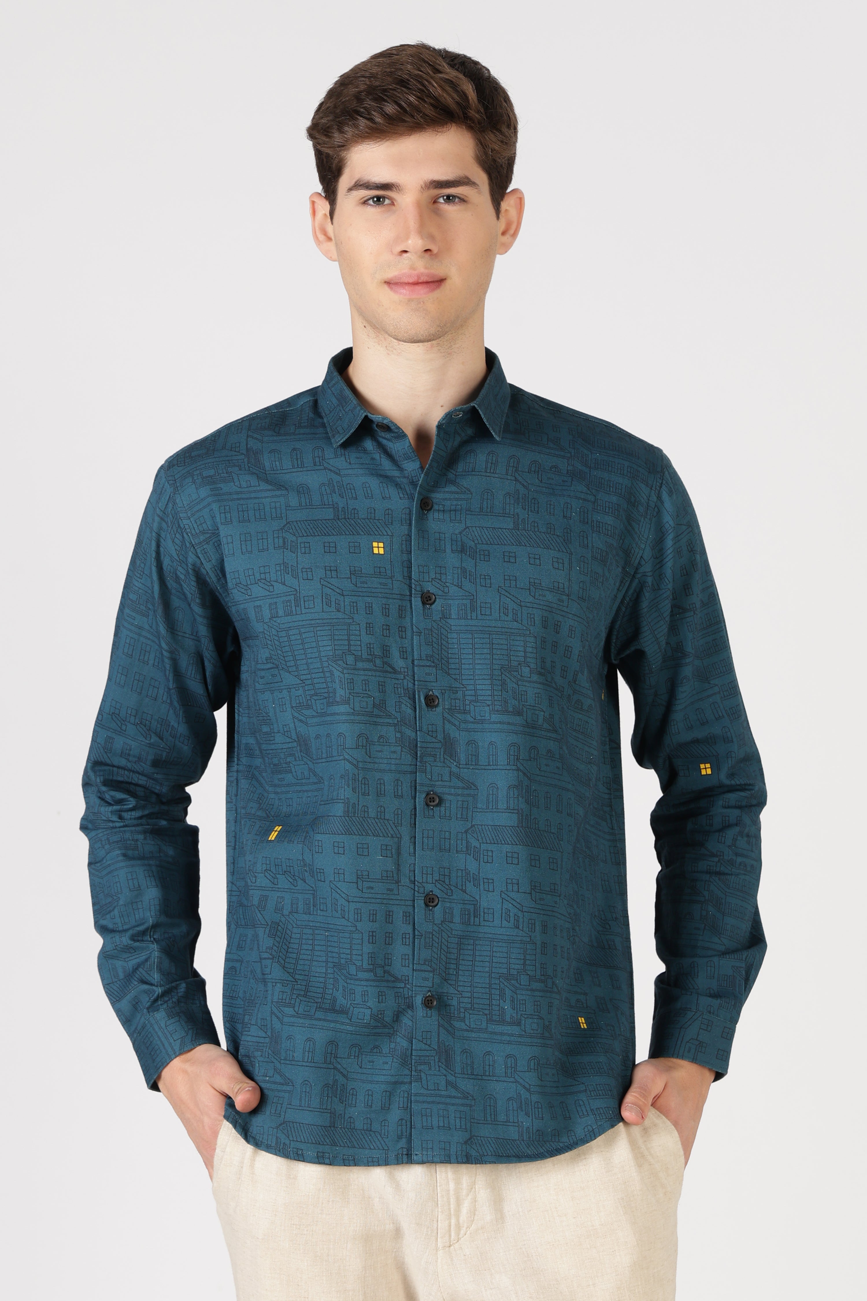 City Lights Cotton Regular Fit Teal Blue Printed Shirt