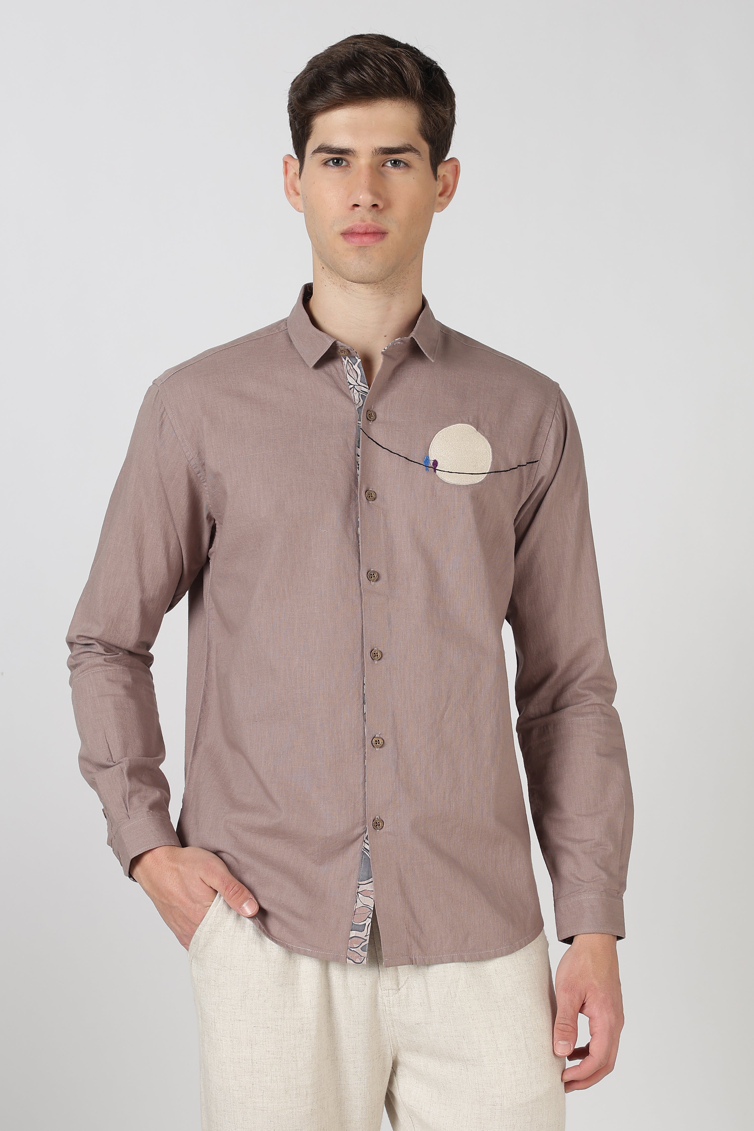 Moon TinyBirds Cotton Regular Fit Rose Brown Embroidered Shirt