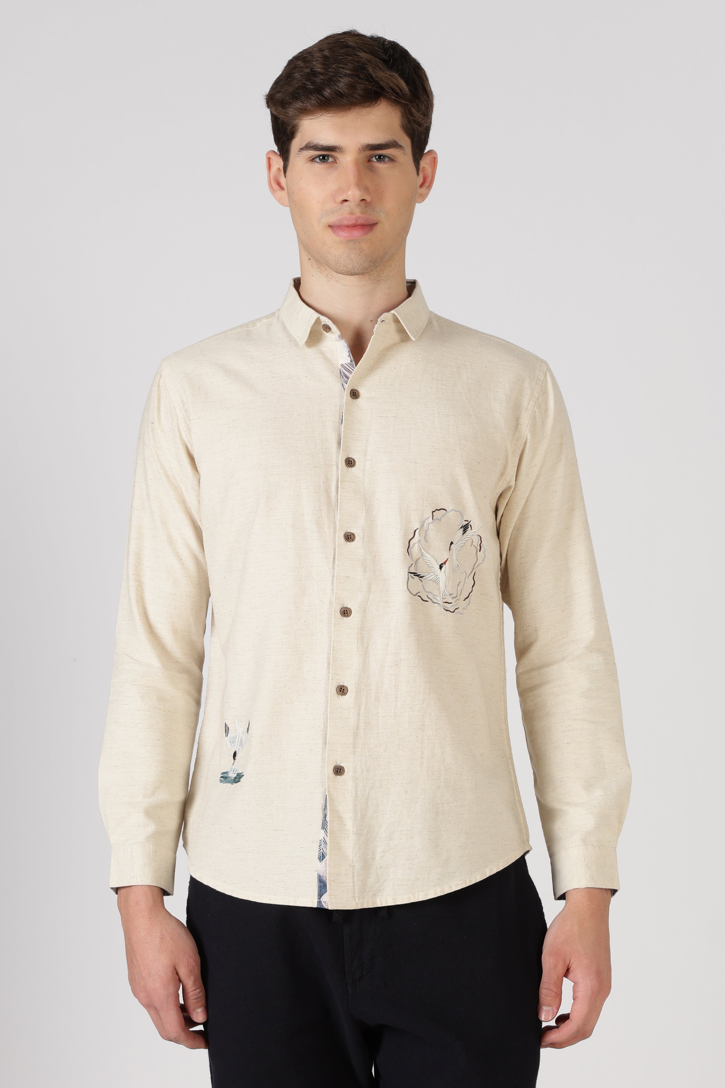 Seabird Splash Cotton Regular Fit Beige Embroidered Shirt