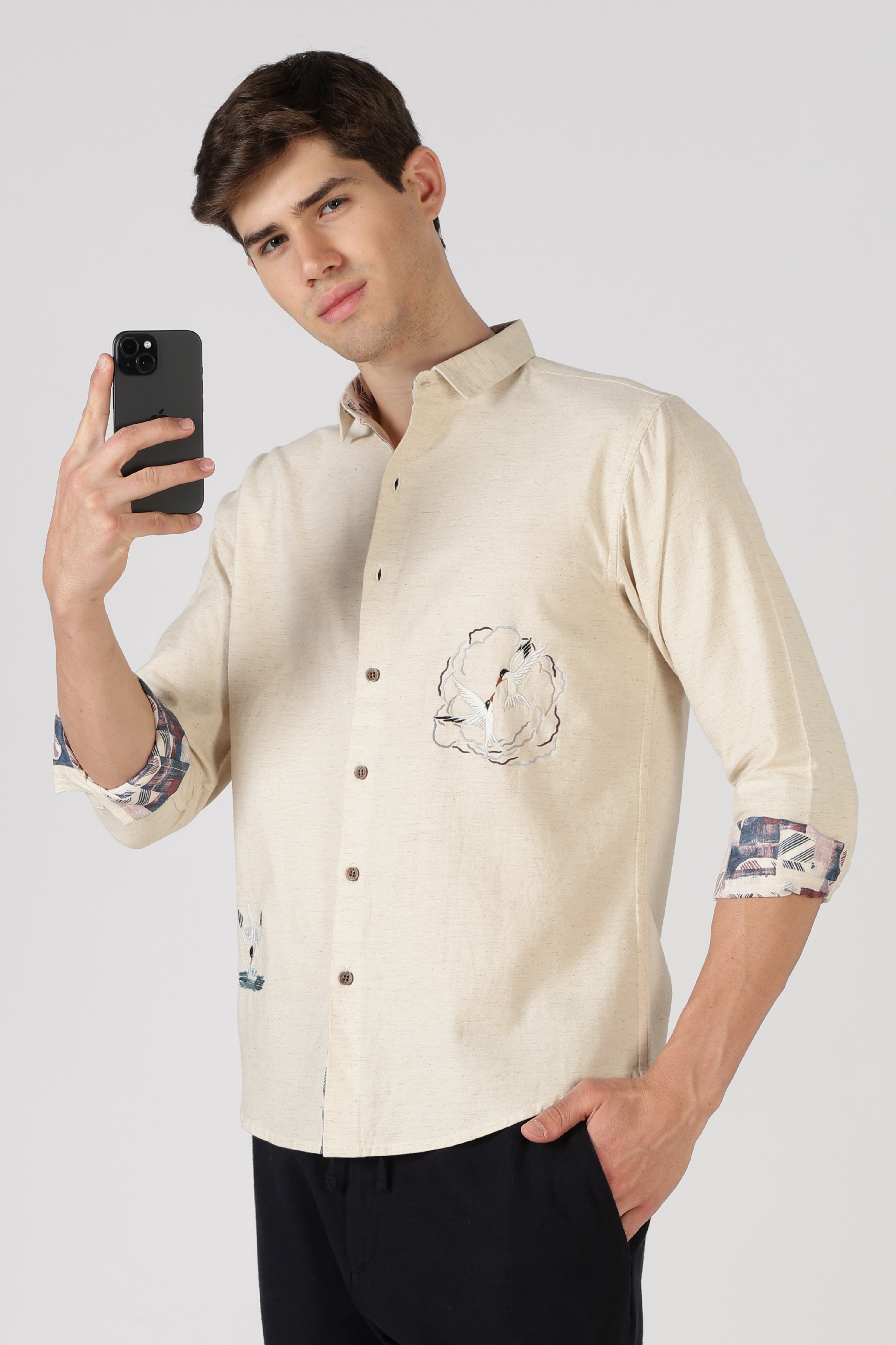 Seabird Splash Cotton Regular Fit Beige Embroidered Shirt