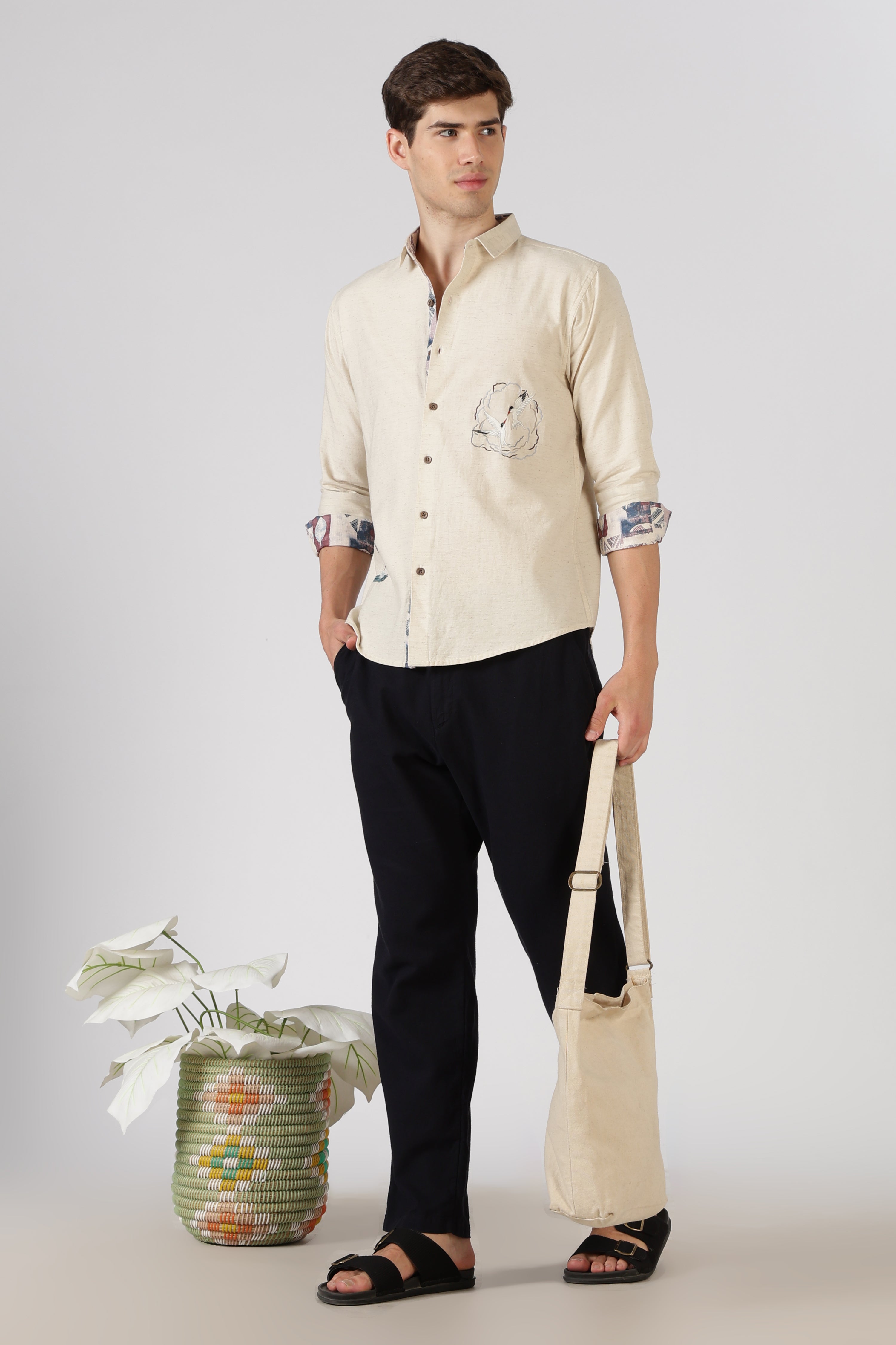 Seabird Splash Cotton Regular Fit Beige Embroidered Shirt