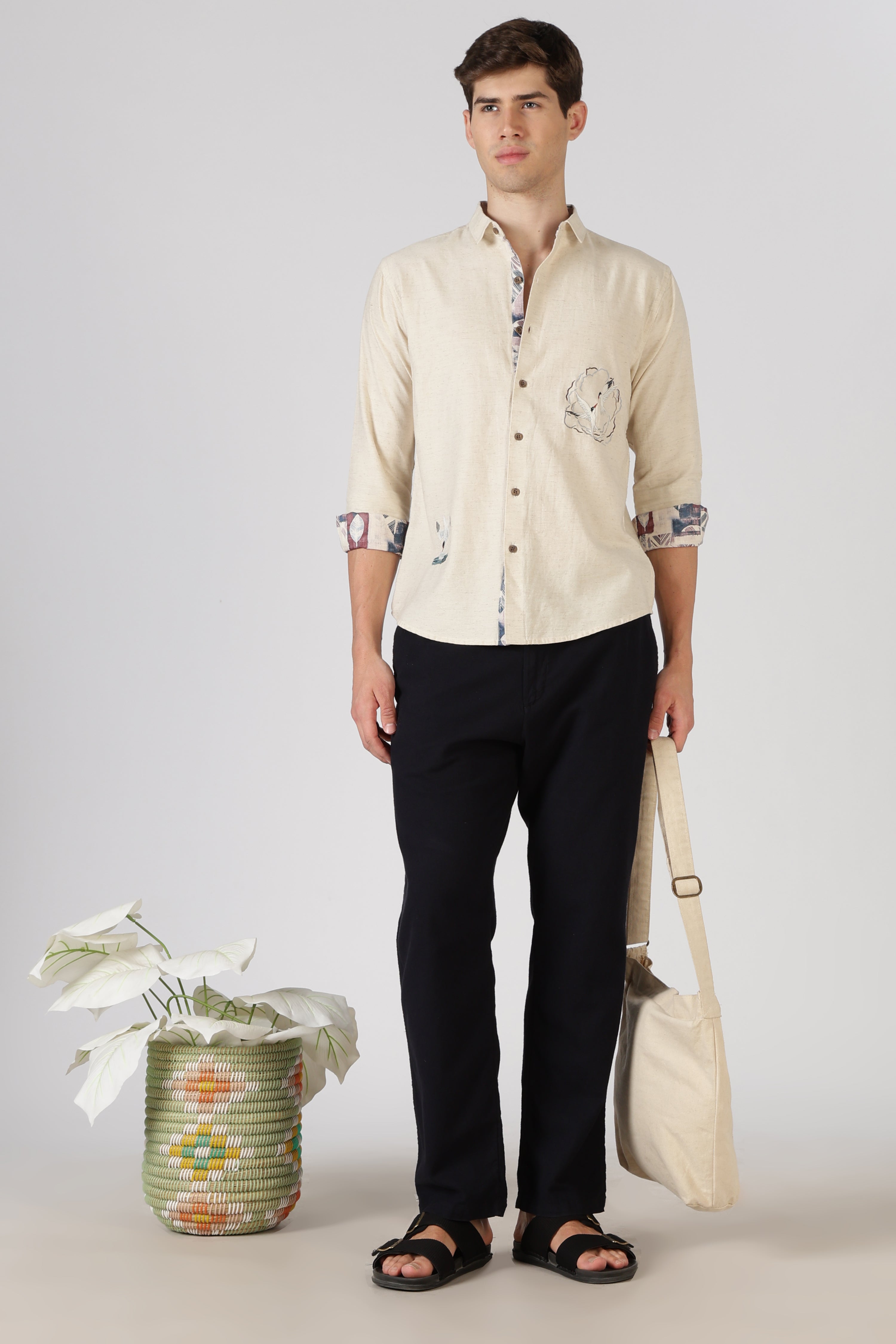 Seabird Splash Cotton Regular Fit Beige Embroidered Shirt