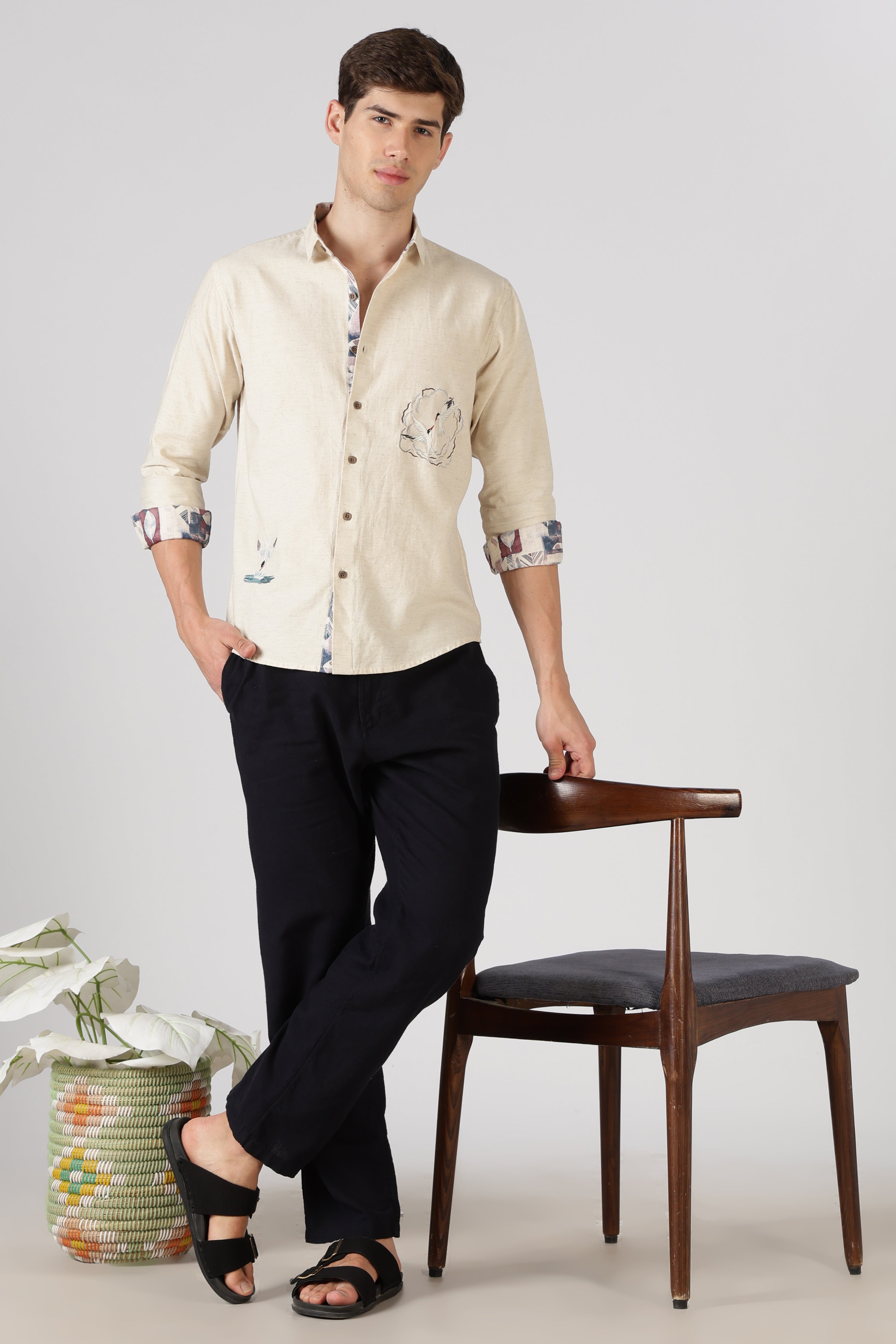 Seabird Splash Cotton Regular Fit Beige Embroidered Shirt
