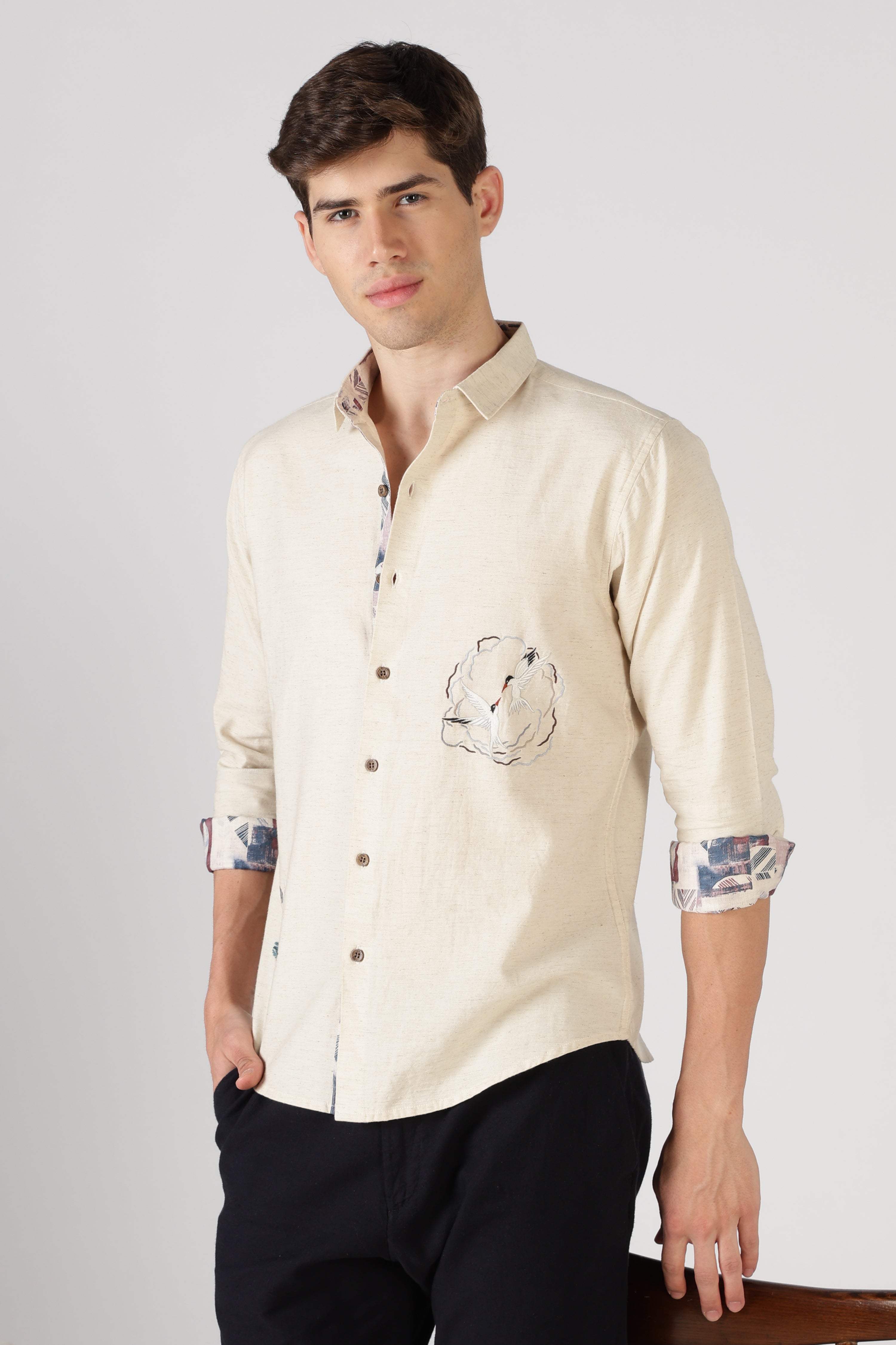 Seabird Splash Cotton Regular Fit Beige Embroidered Shirt