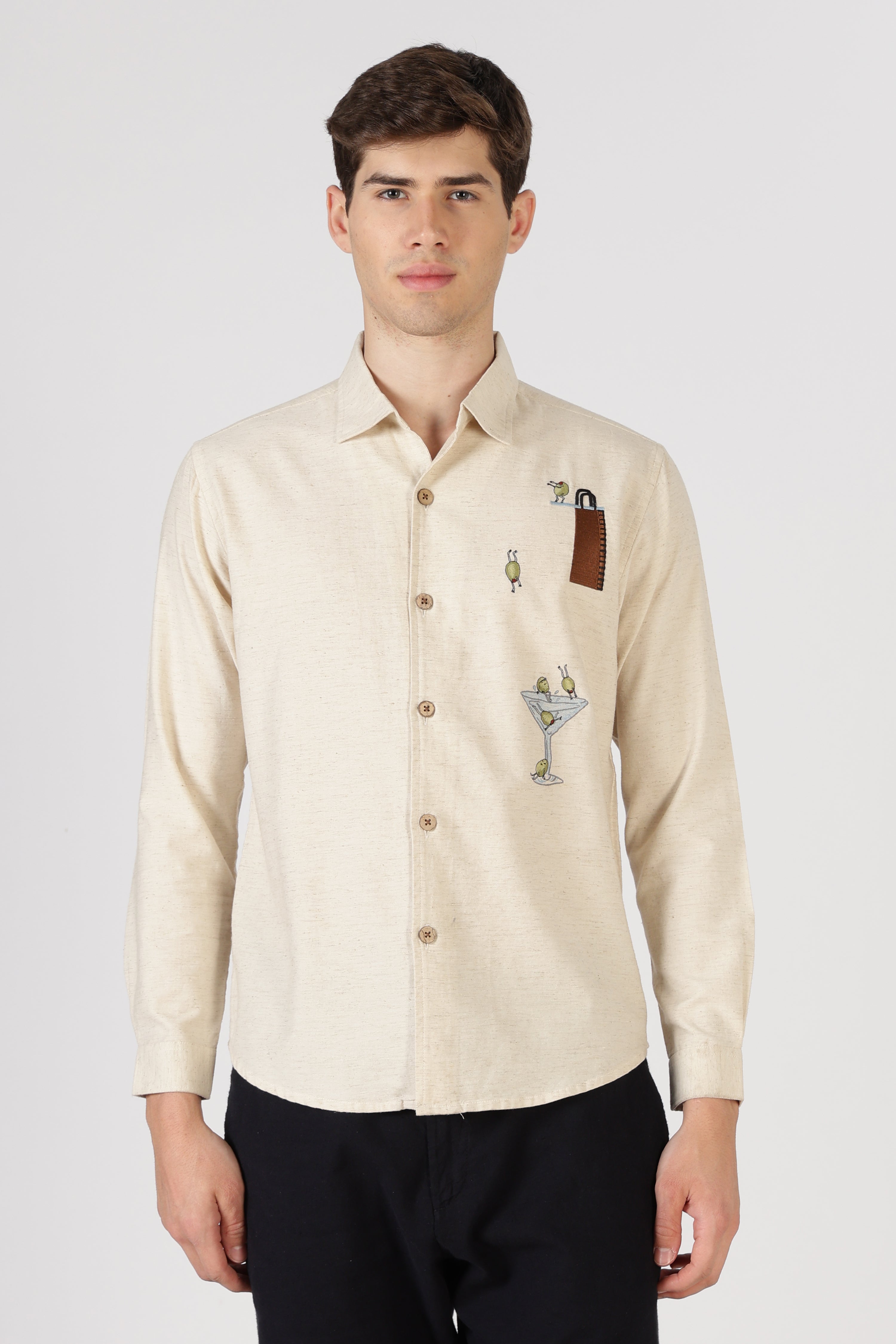 Olive Martini Cotton Regular Fit Beige Intricate Embroidered Shirt