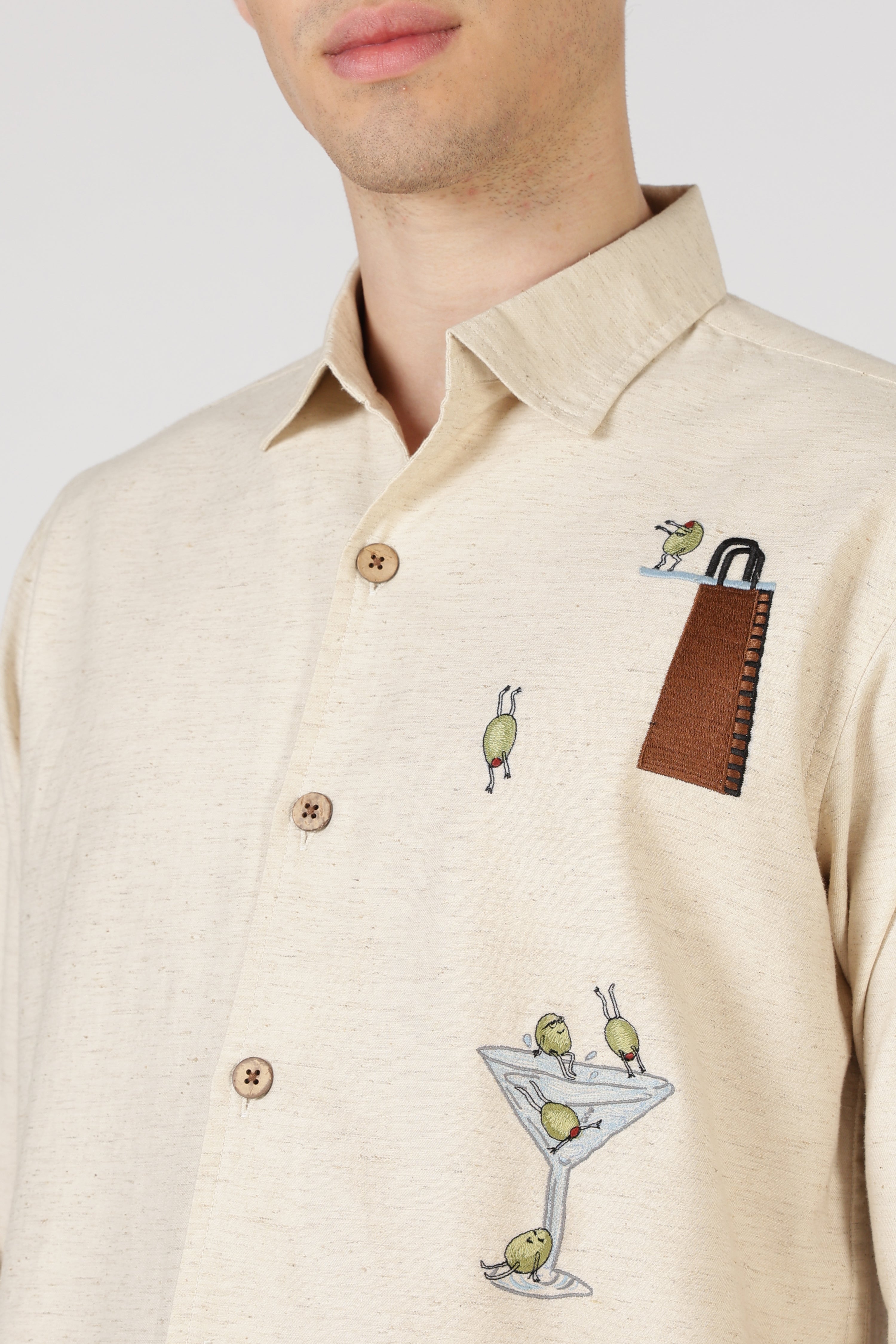 Olive Martini Cotton Regular Fit Beige Intricate Embroidered Shirt