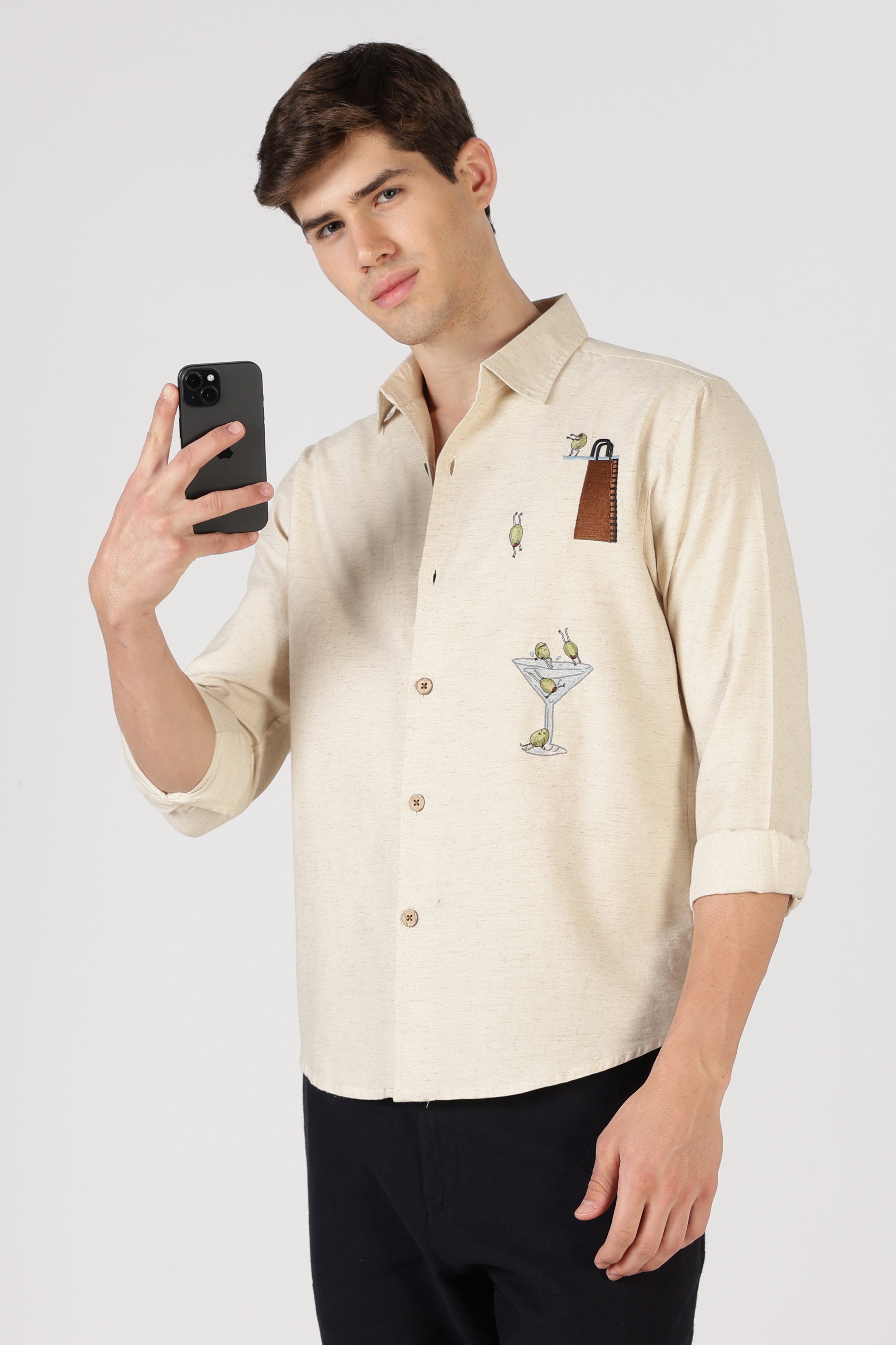 Olive Martini Cotton Regular Fit Beige Intricate Embroidered Shirt