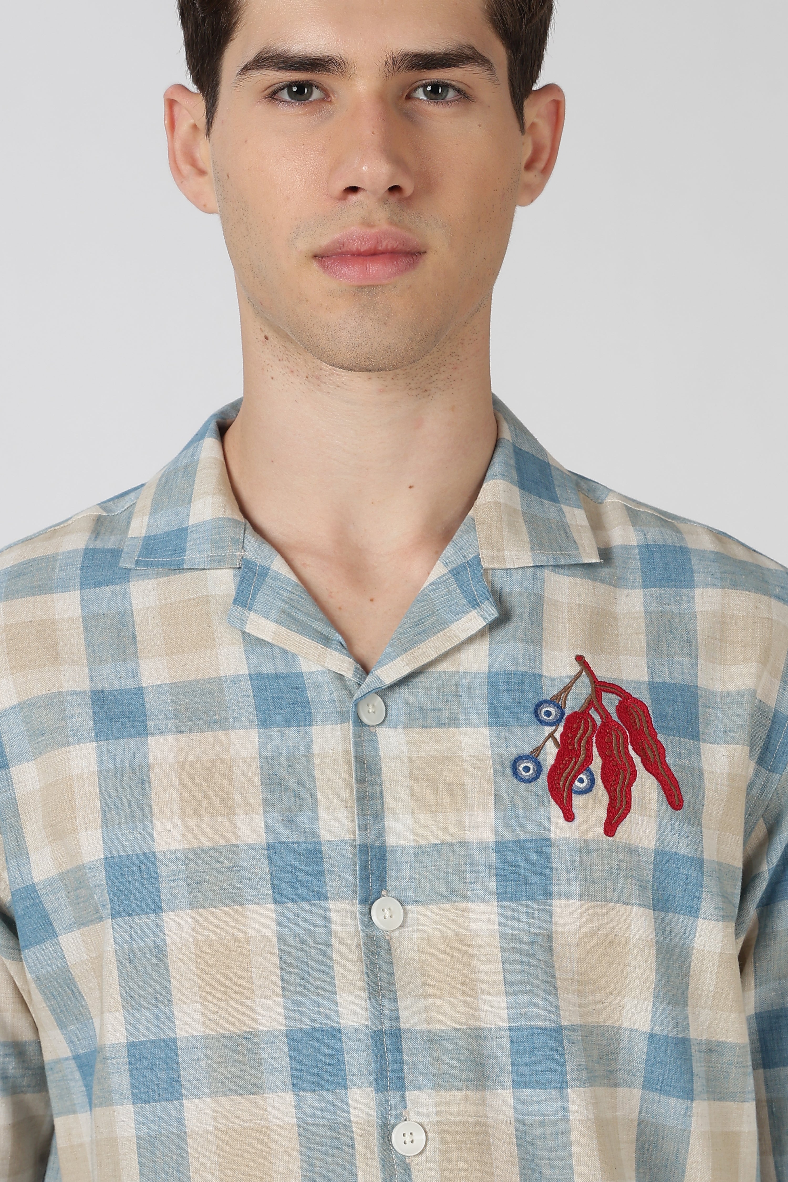 Evil Eye Cotton Box Fit Sky Blue Embroidered Shirt