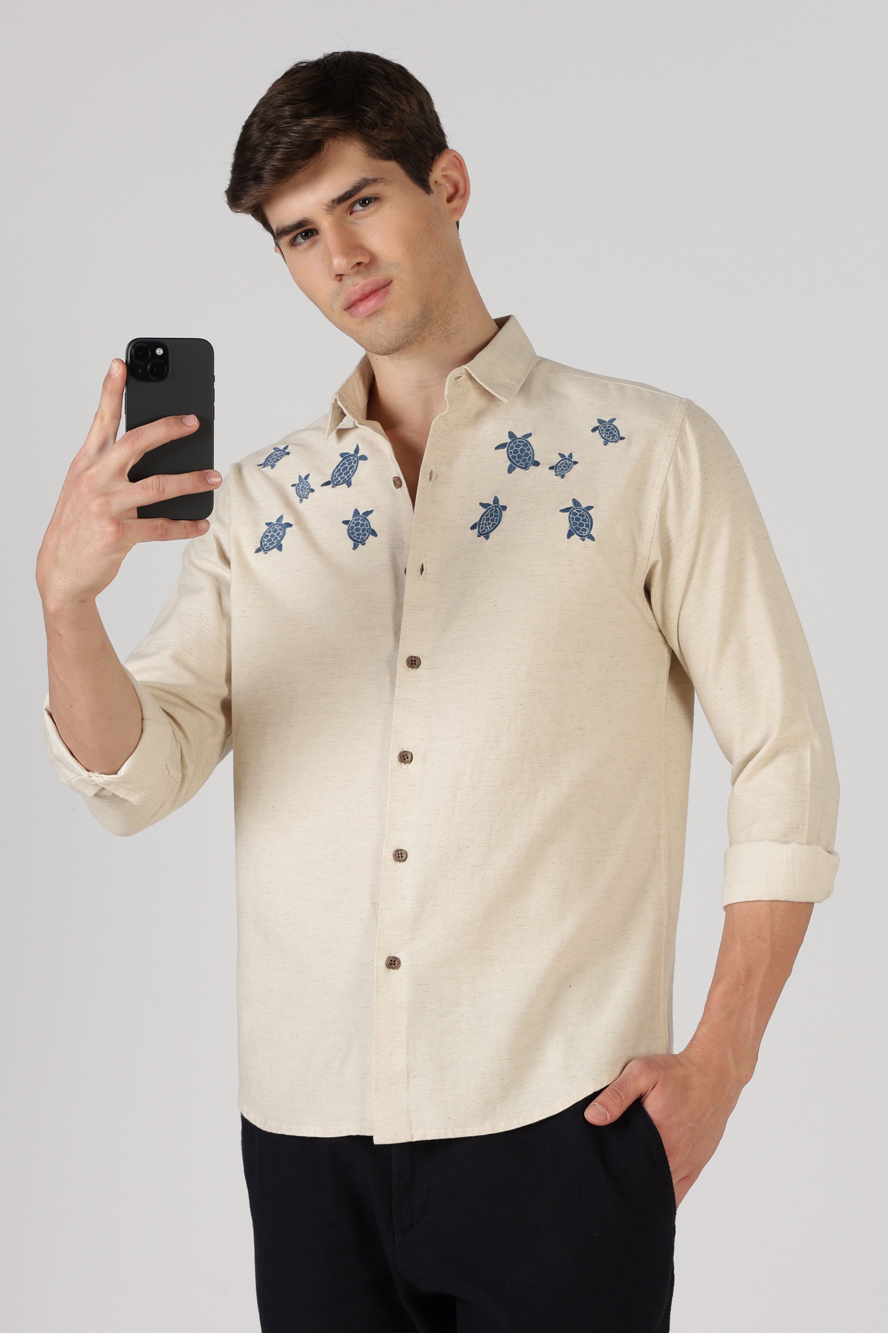 Turtle Trail Cotton Regular Fit Beige Embroidered Shirt