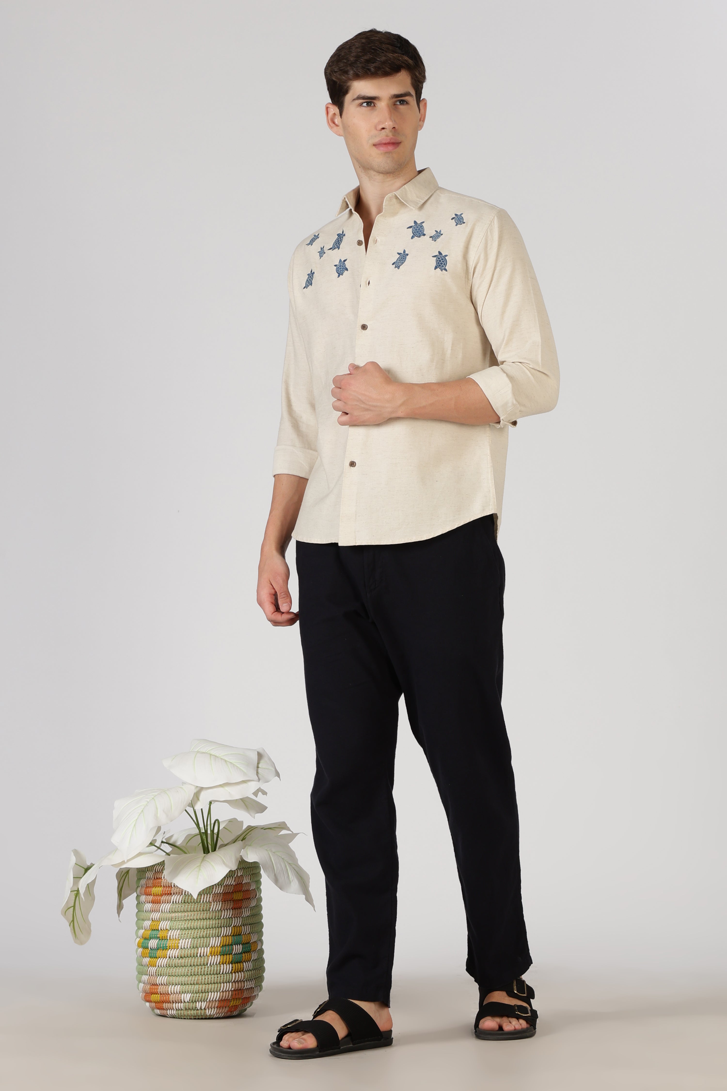 Turtle Trail Cotton Regular Fit Beige Embroidered Shirt