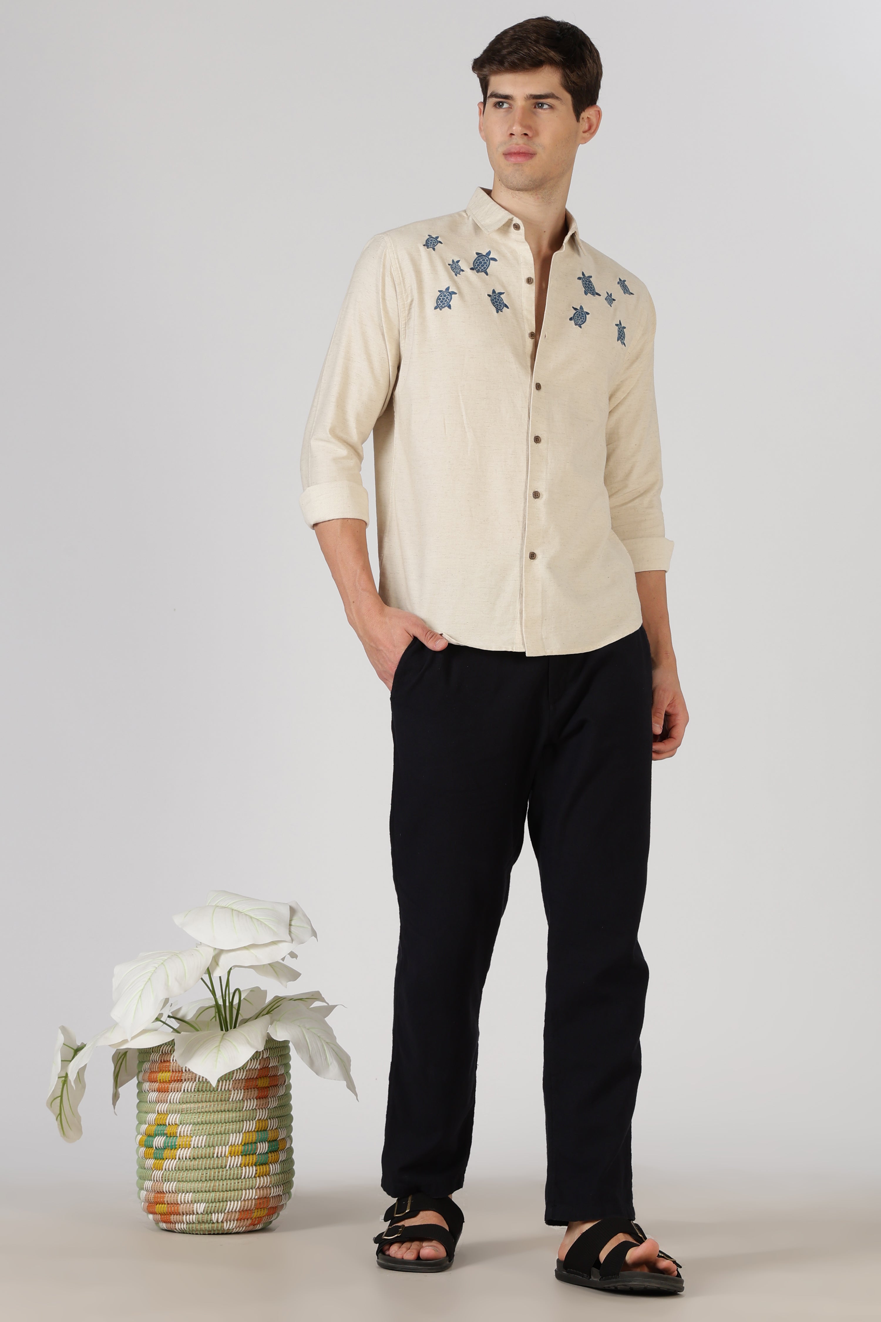 Turtle Trail Cotton Regular Fit Beige Embroidered Shirt