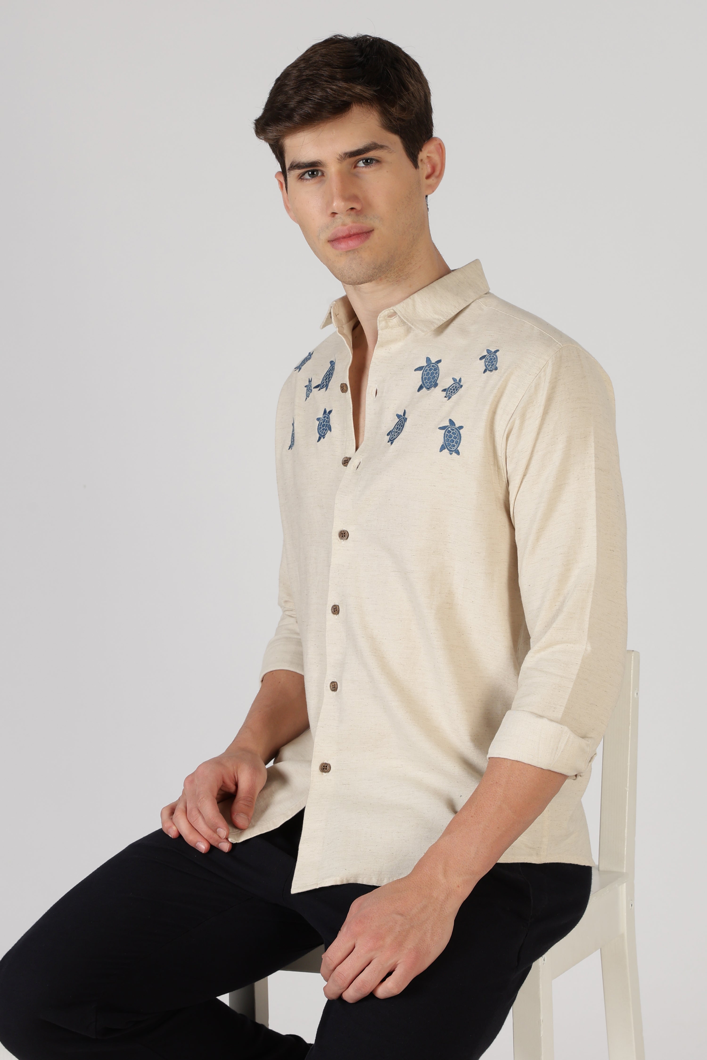 Turtle Trail Cotton Regular Fit Beige Embroidered Shirt