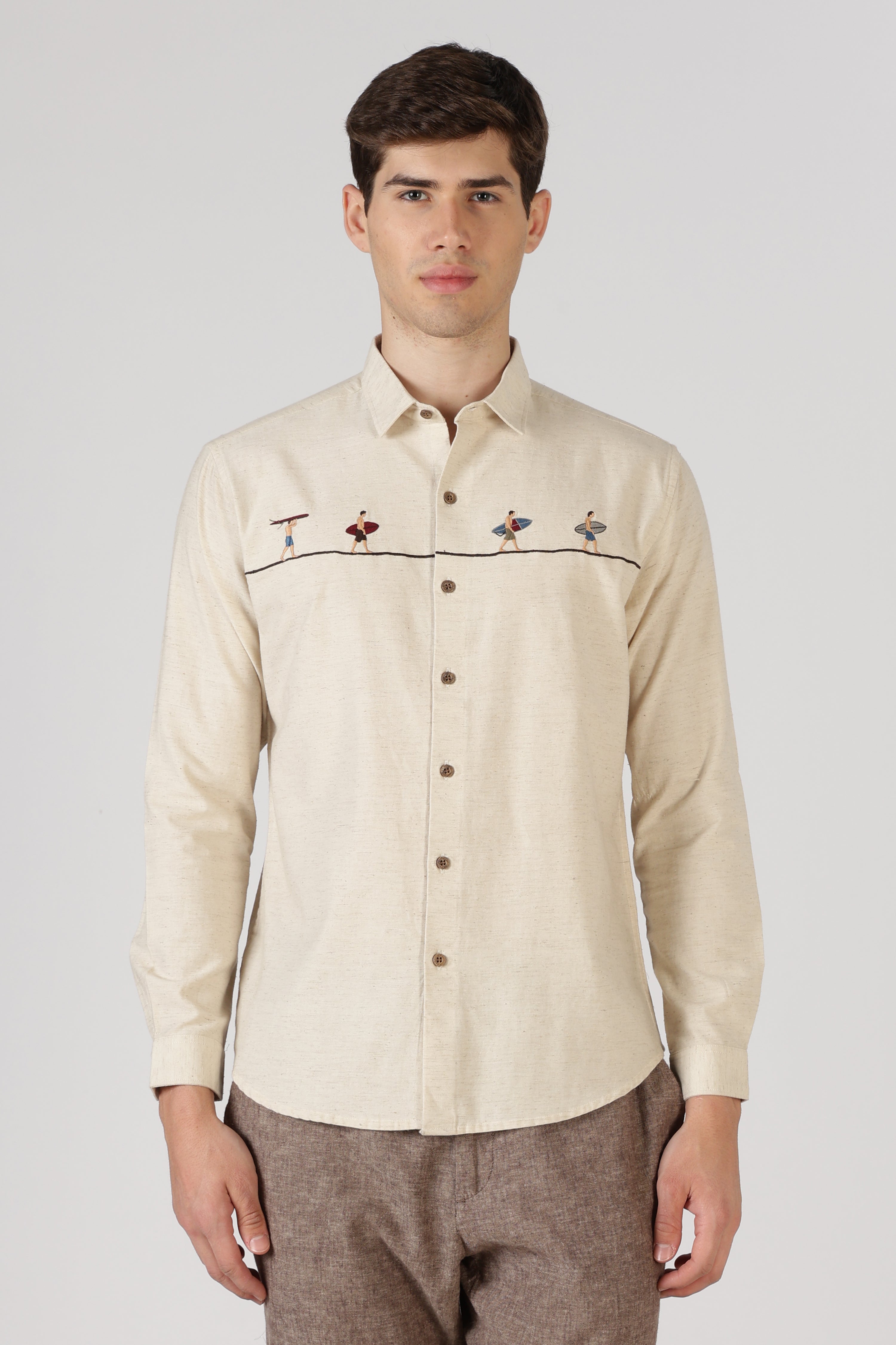 Surfers Wave Walk Cotton Regular Fit Beige Embroidered Shirt