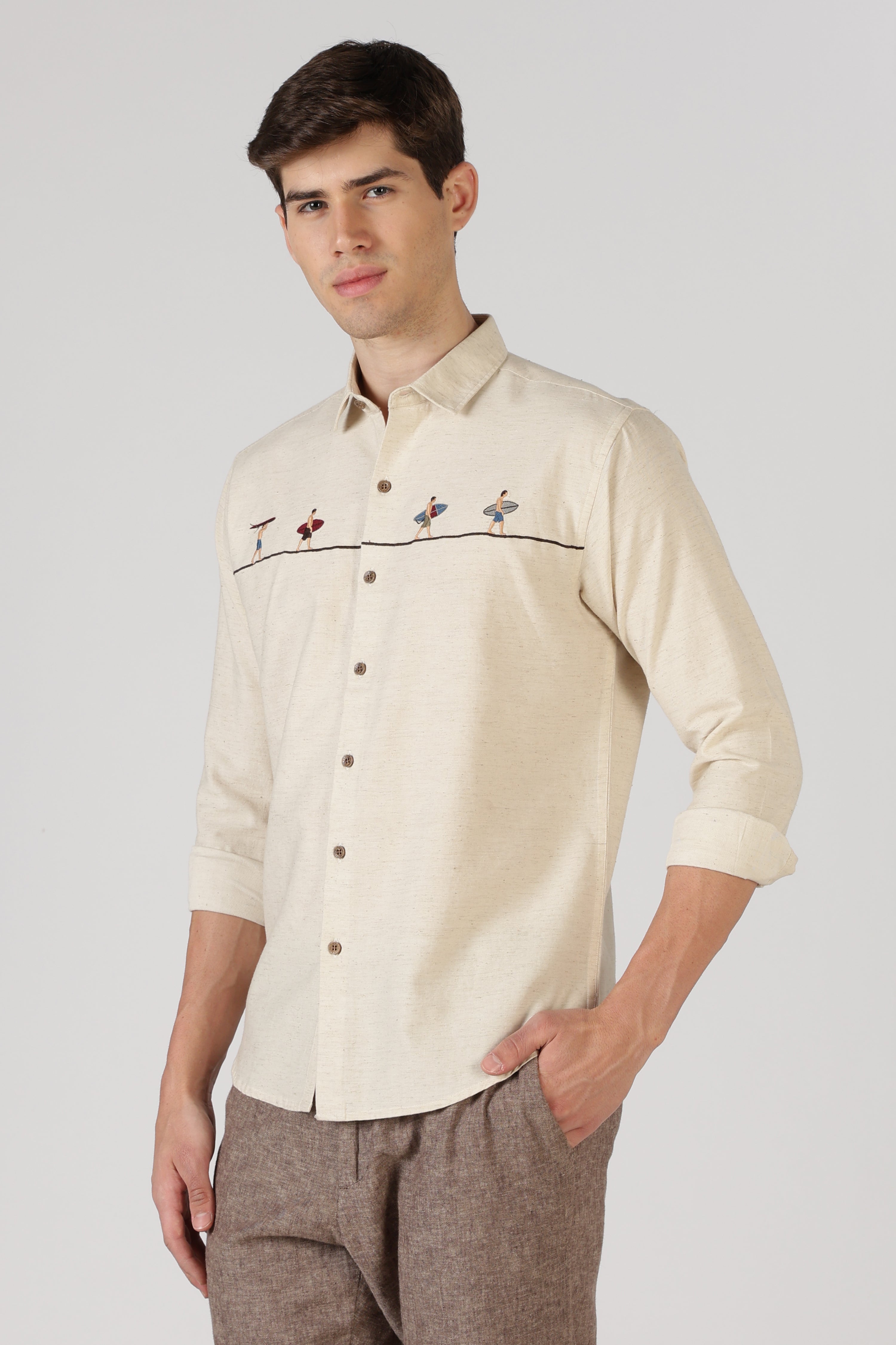 Surfers Wave Walk Cotton Regular Fit Beige Embroidered Shirt