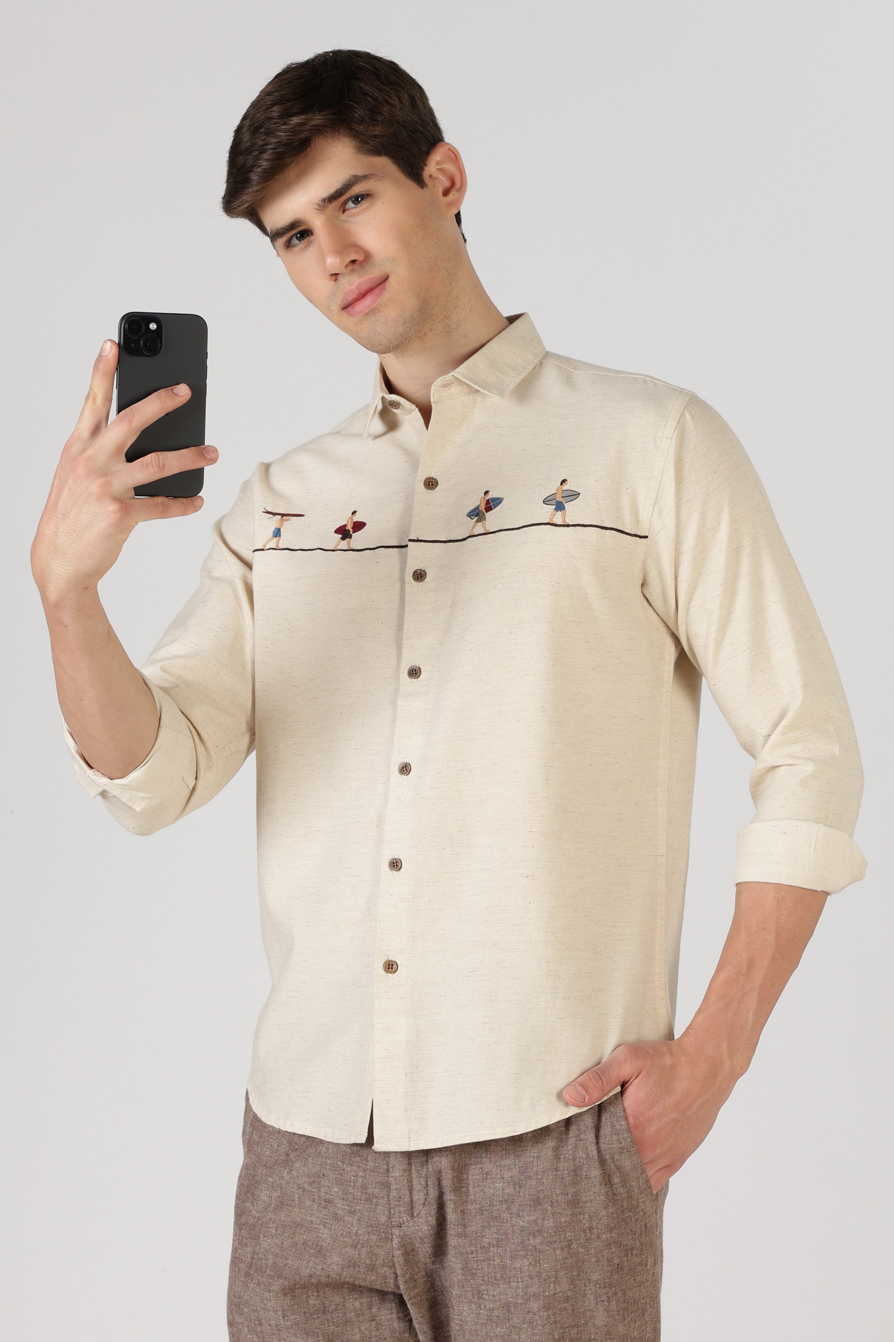 Surfers Wave Walk Cotton Regular Fit Beige Embroidered Shirt