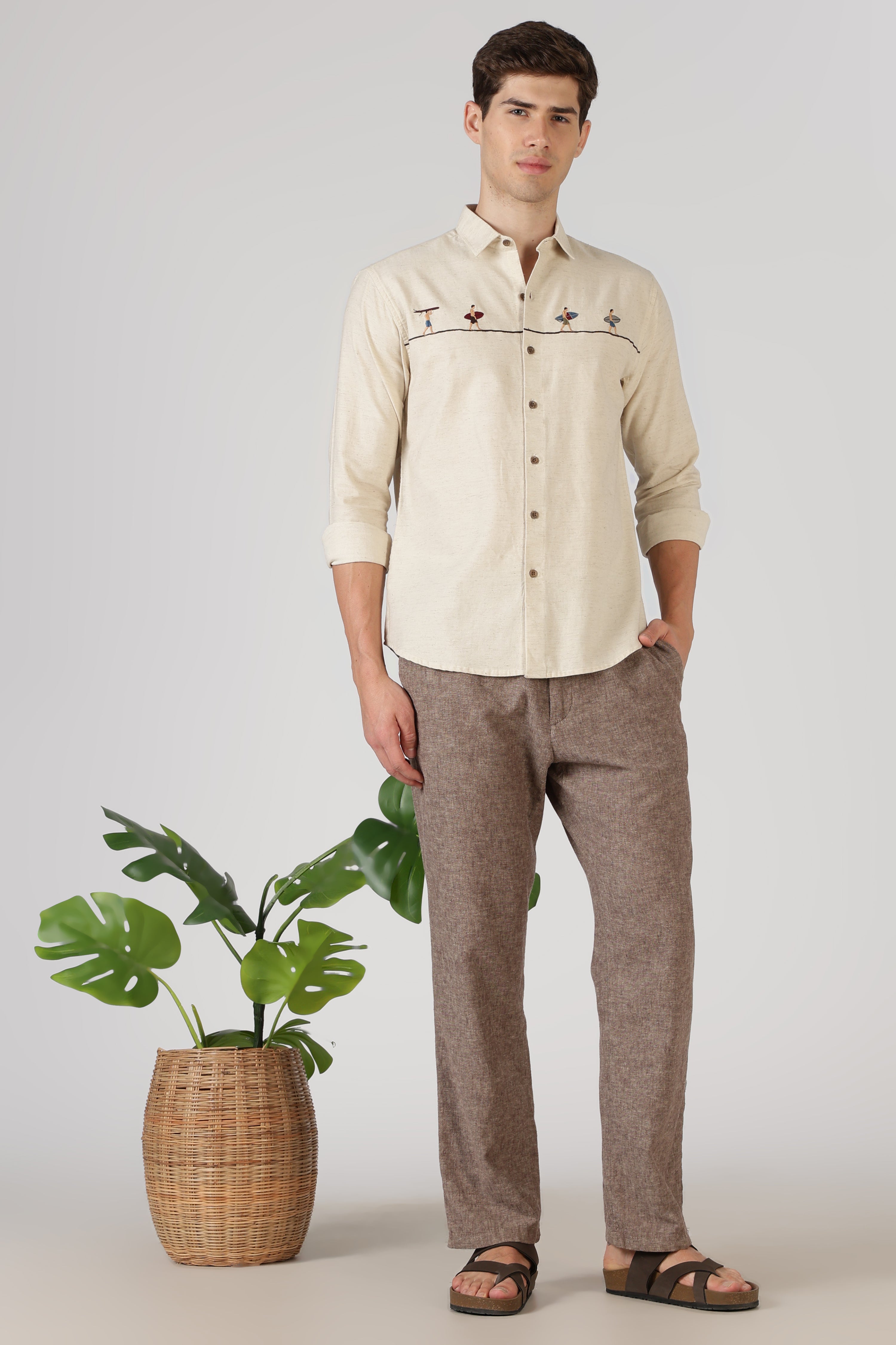 Surfers Wave Walk Cotton Regular Fit Beige Embroidered Shirt