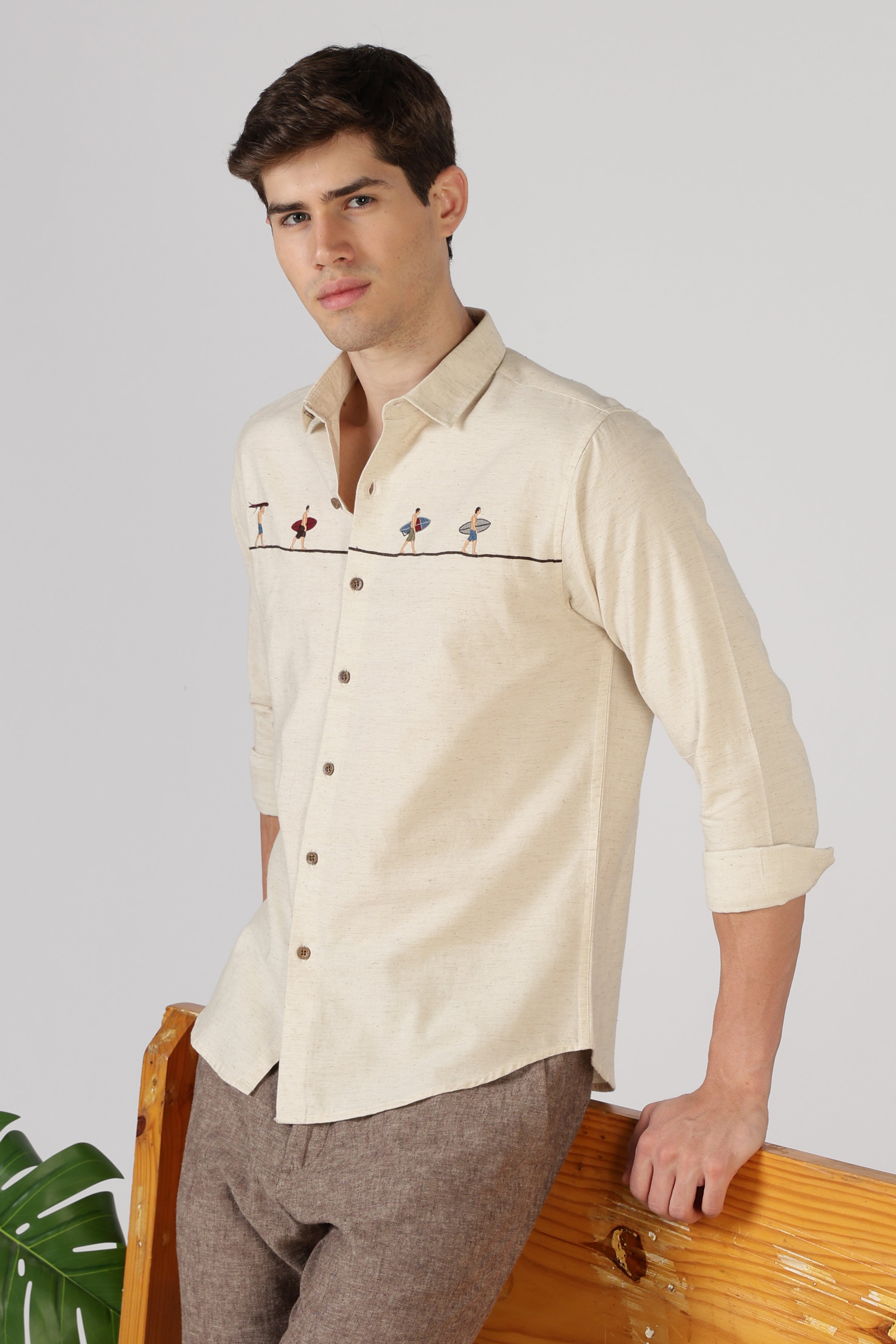 Surfers Wave Walk Cotton Regular Fit Beige Embroidered Shirt