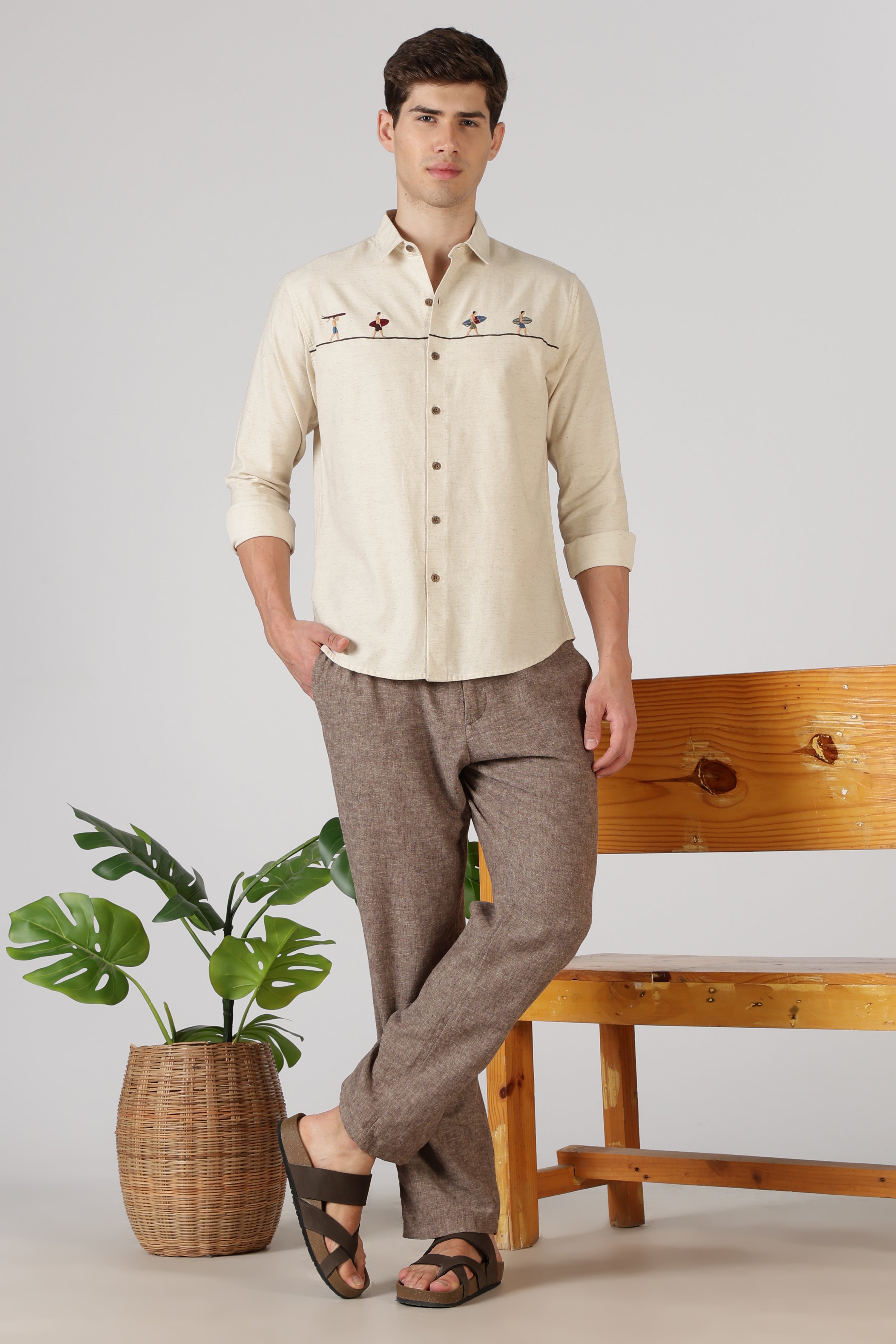 Surfers Wave Walk Cotton Regular Fit Beige Embroidered Shirt