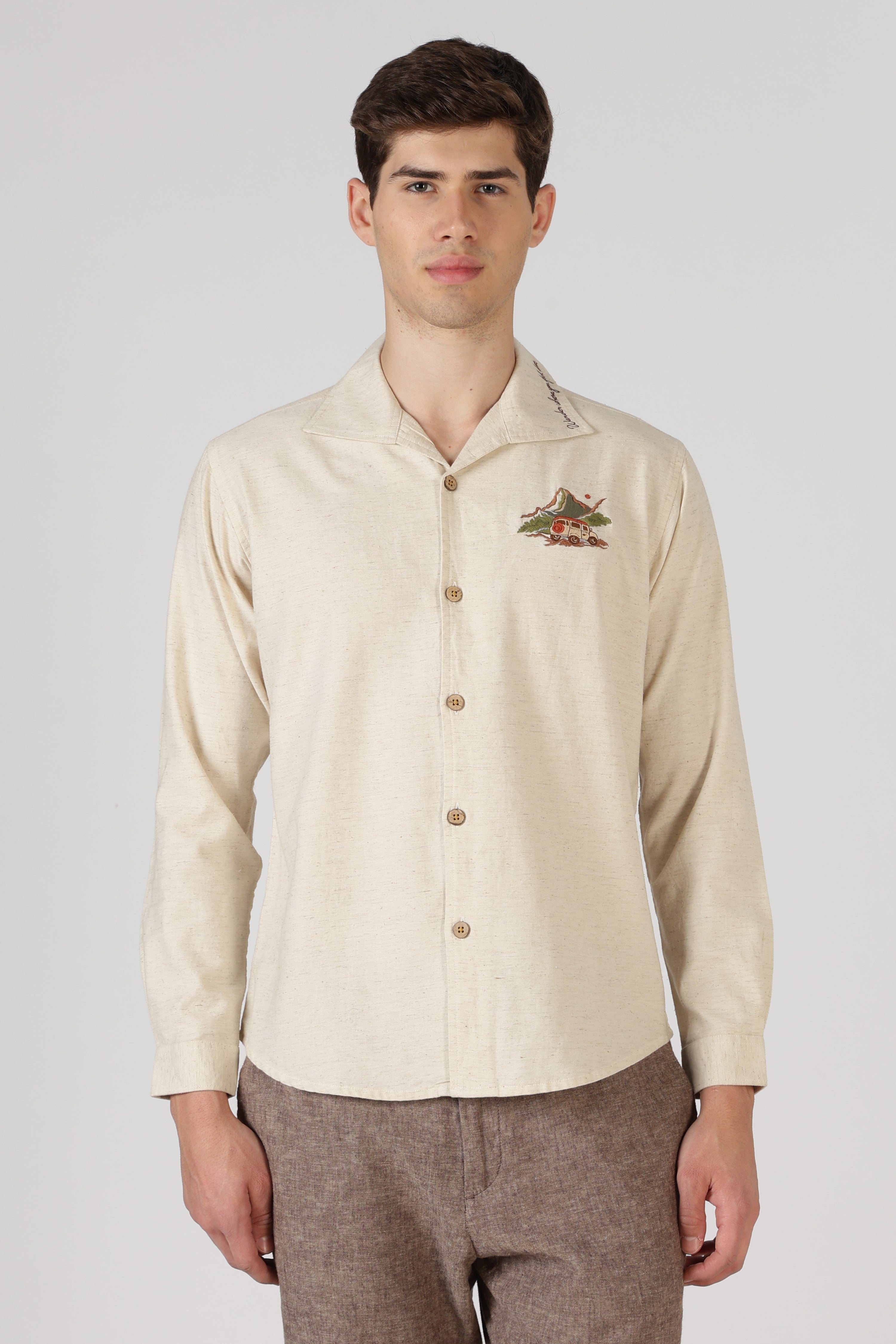 Mountain Drive Cotton Box Fit Beige Embroidered Shirt