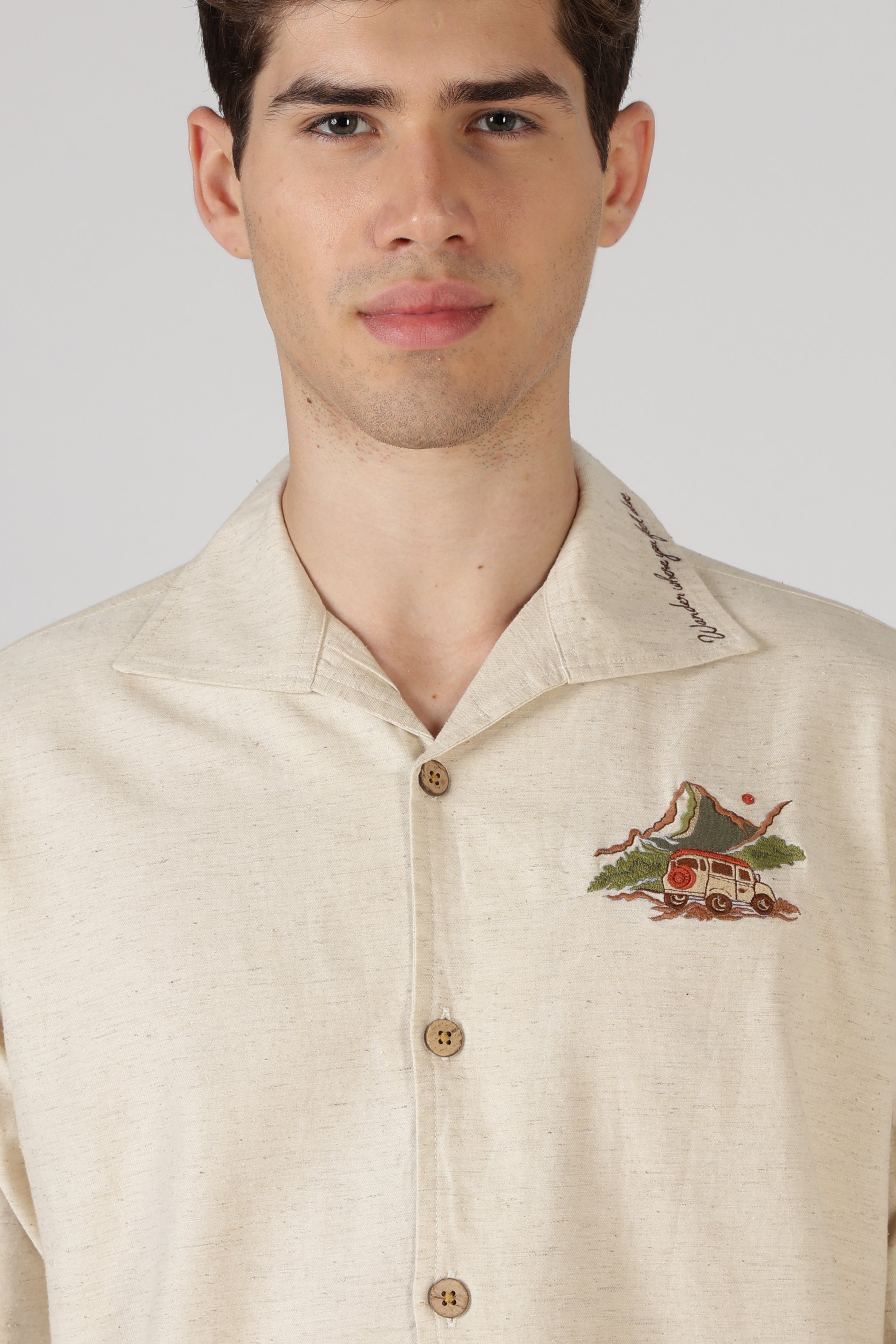 Mountain Drive Cotton Box Fit Beige Embroidered Shirt