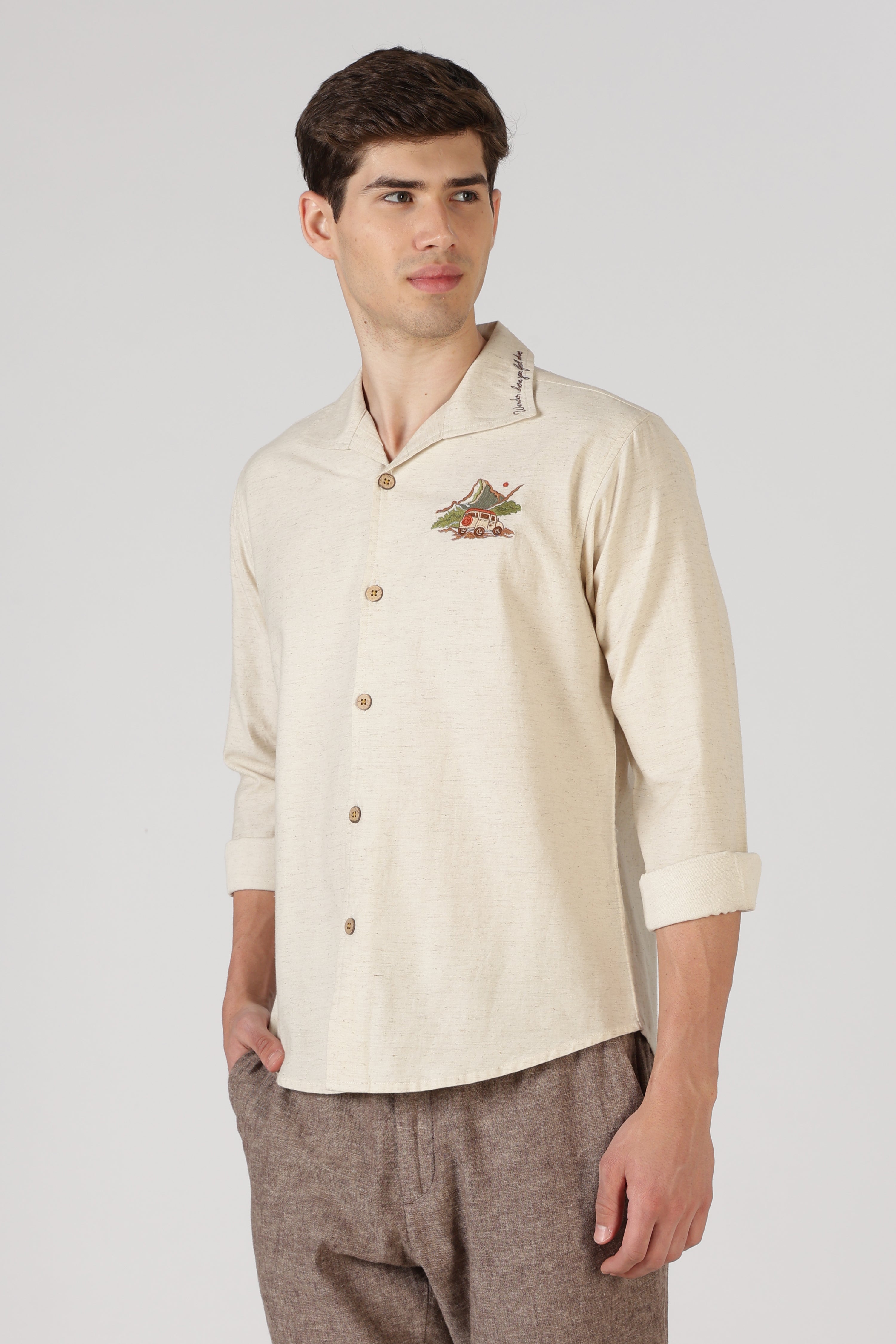 Mountain Drive Cotton Box Fit Beige Embroidered Shirt