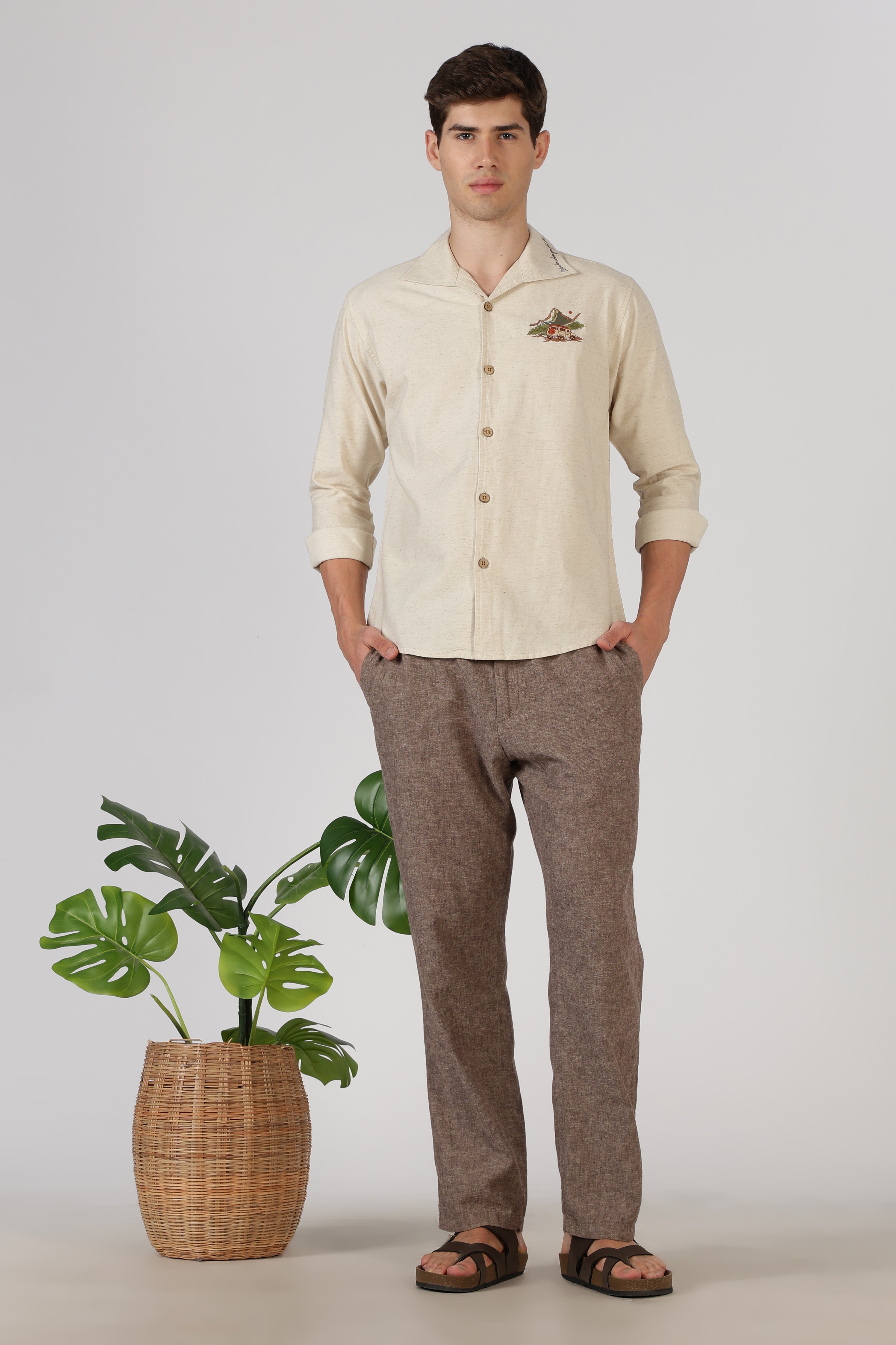 Mountain Drive Cotton Box Fit Beige Embroidered Shirt