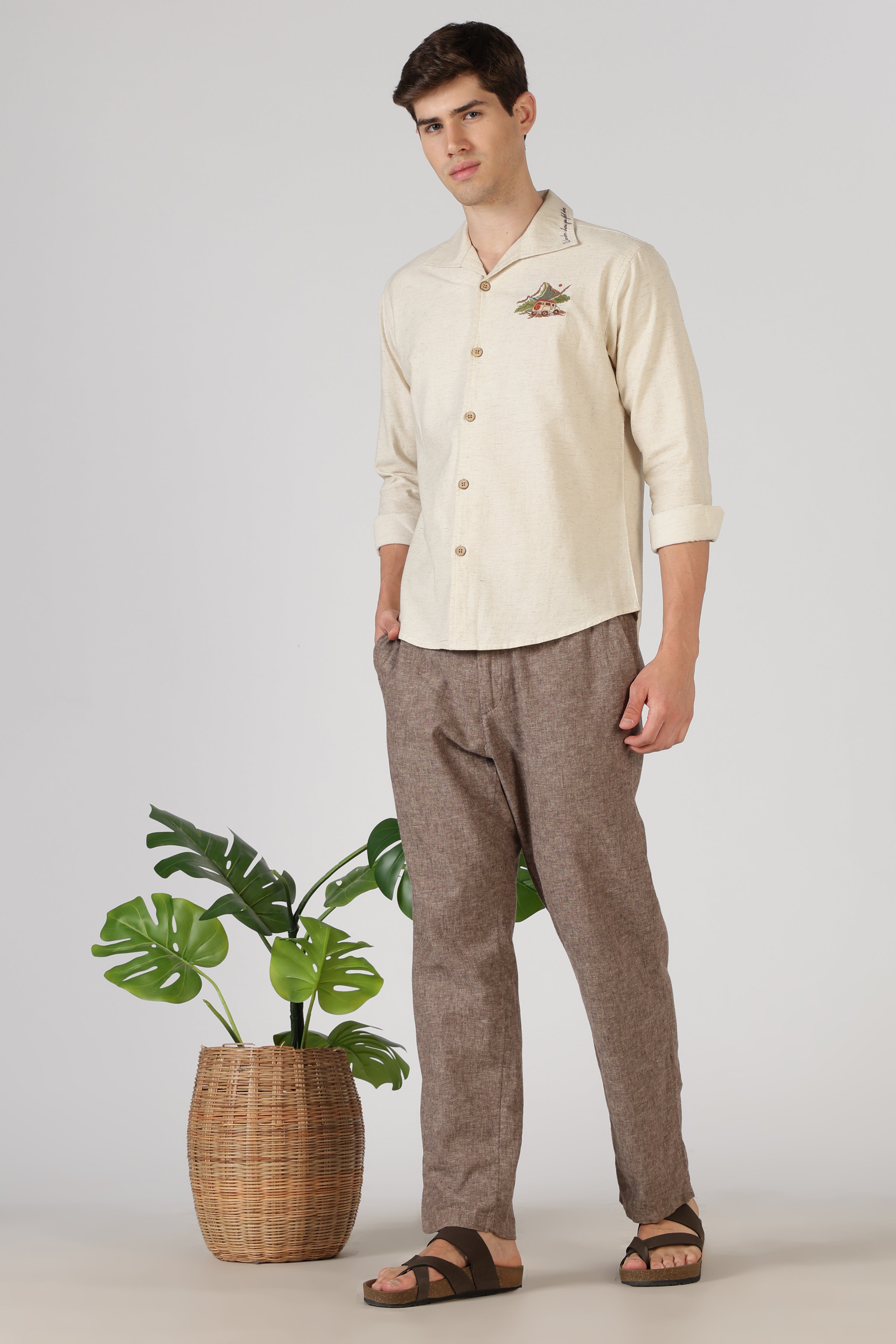 Mountain Drive Cotton Box Fit Beige Embroidered Shirt