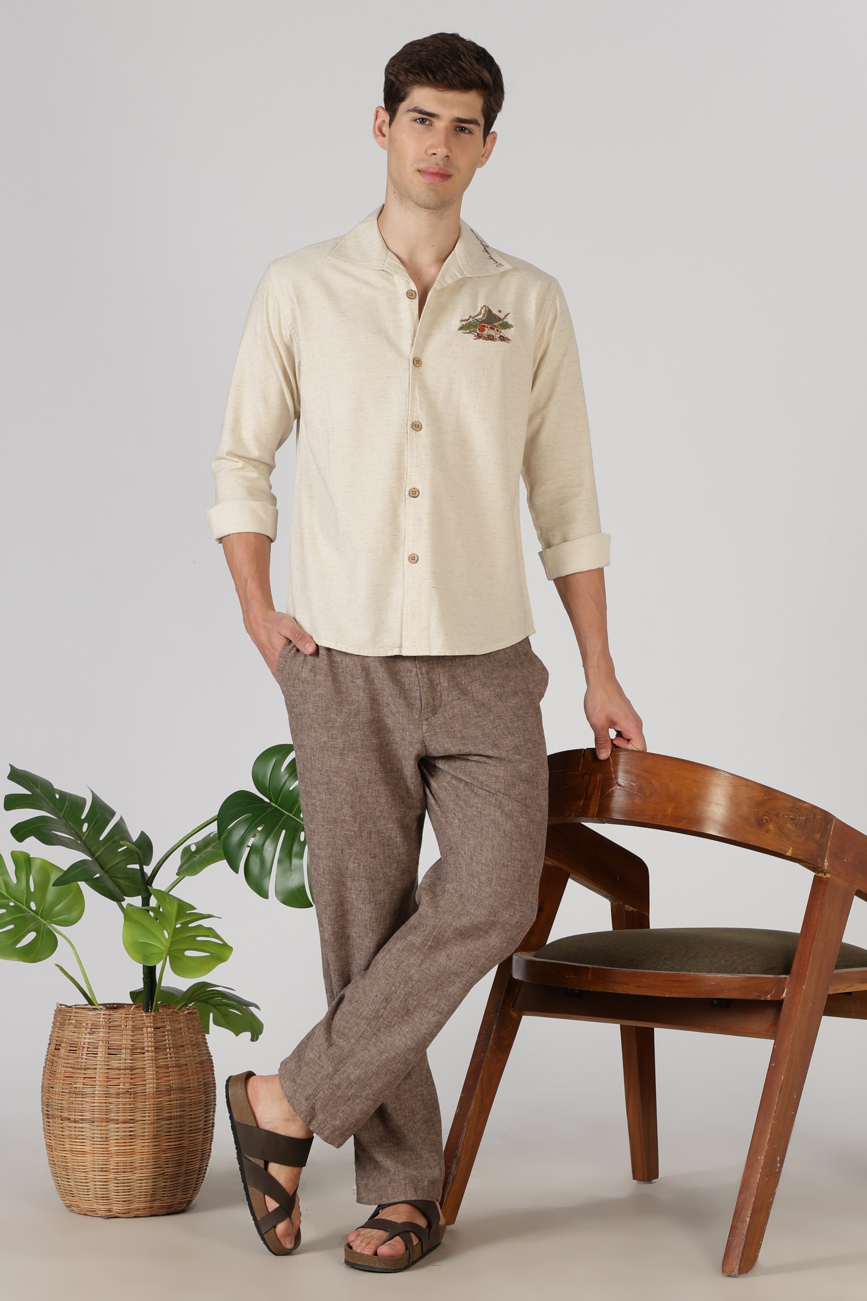 Mountain Drive Cotton Box Fit Beige Embroidered Shirt