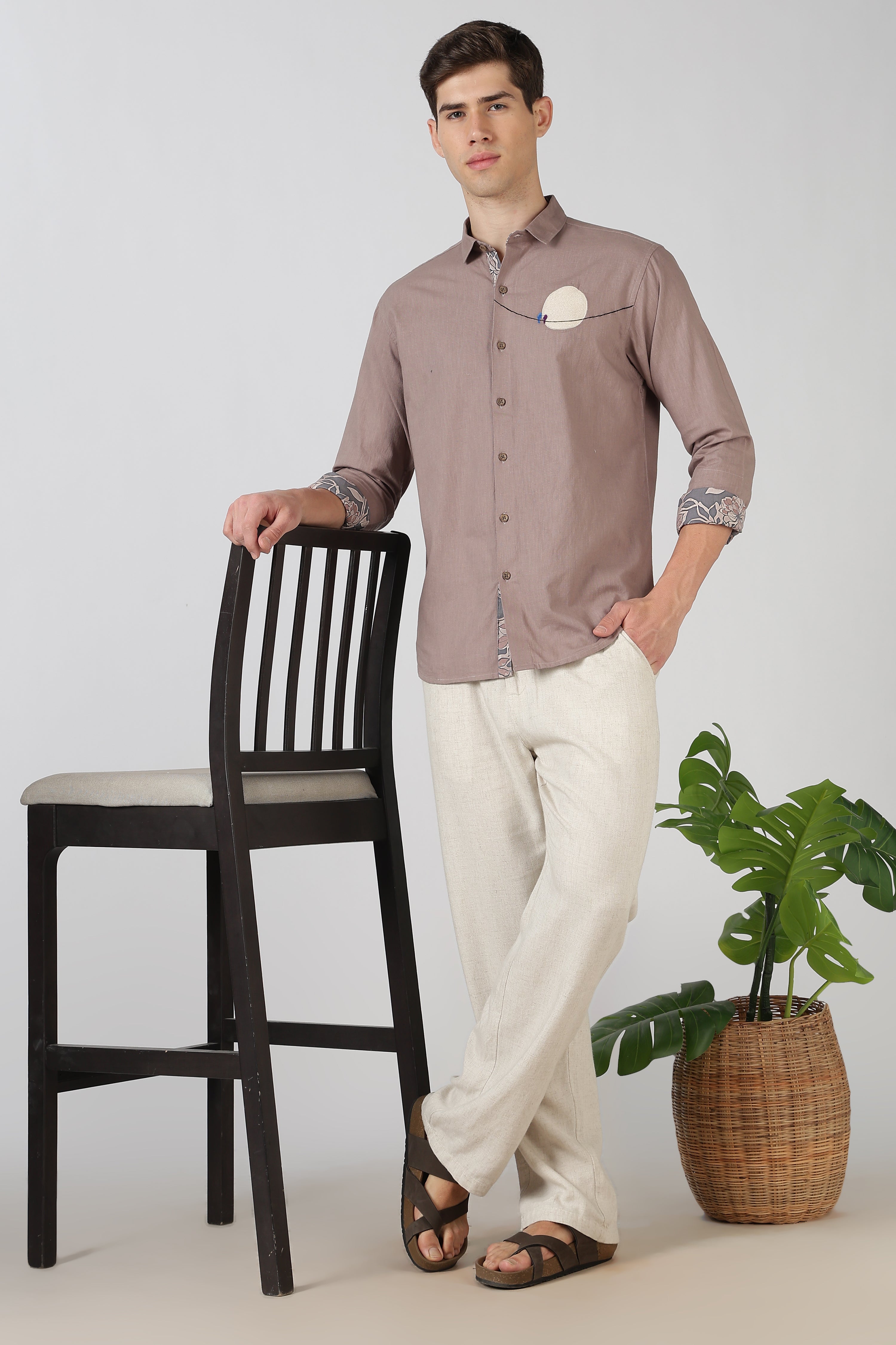 Moon TinyBirds Cotton Regular Fit Rose Brown Embroidered Shirt