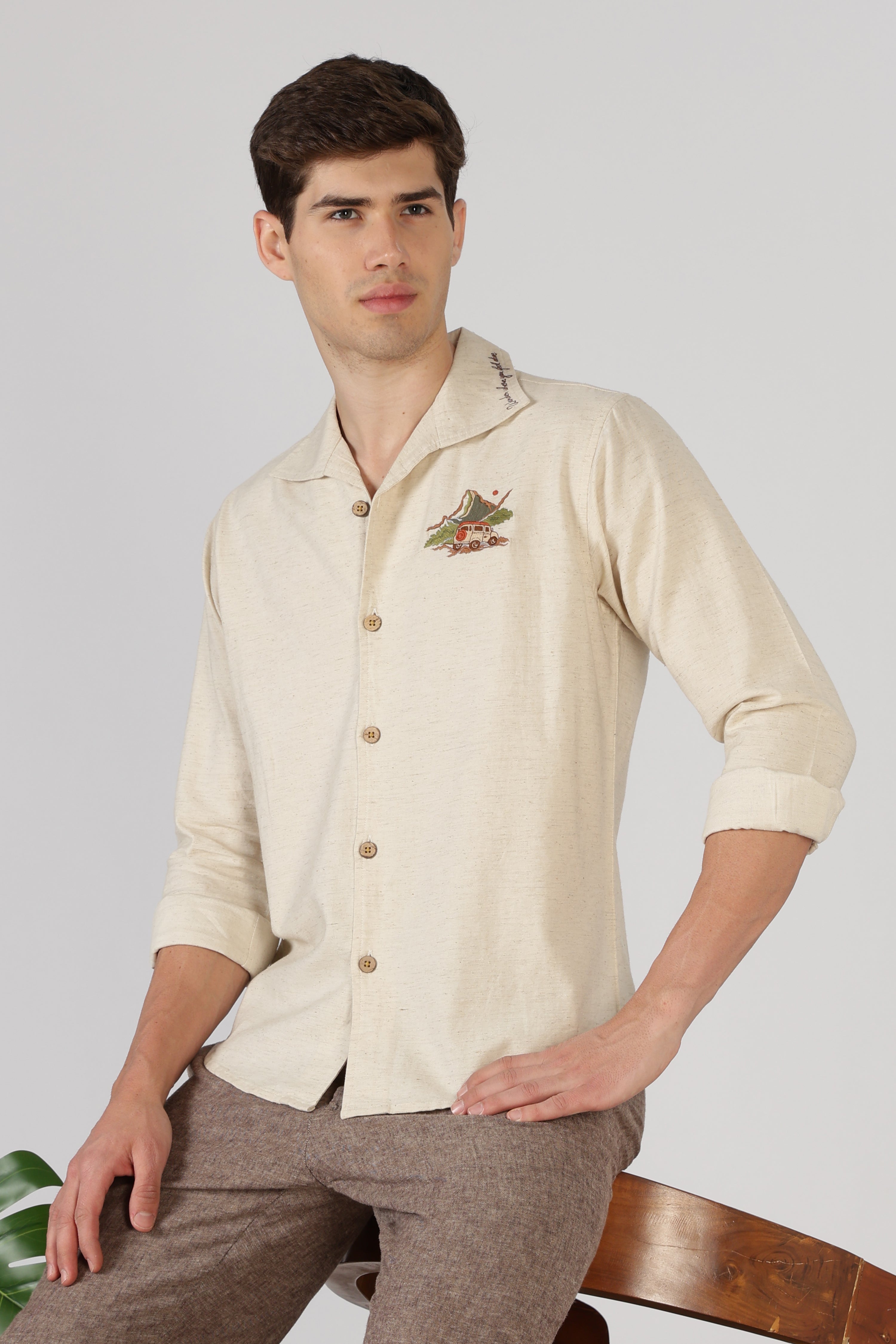 Mountain Drive Cotton Box Fit Beige Embroidered Shirt