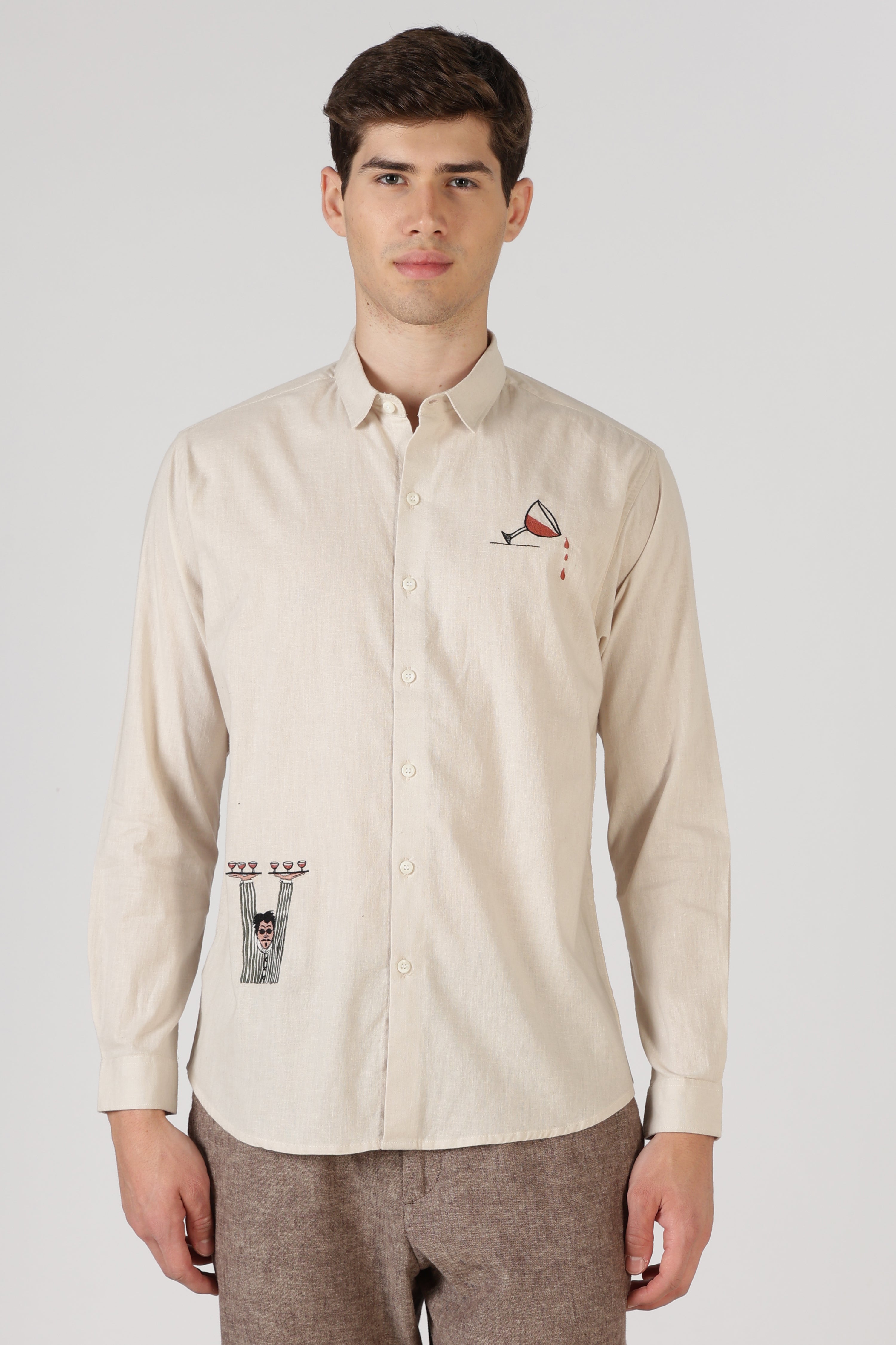 Playful Wine Cotton Regular Fit Beige Embroidered Shirt