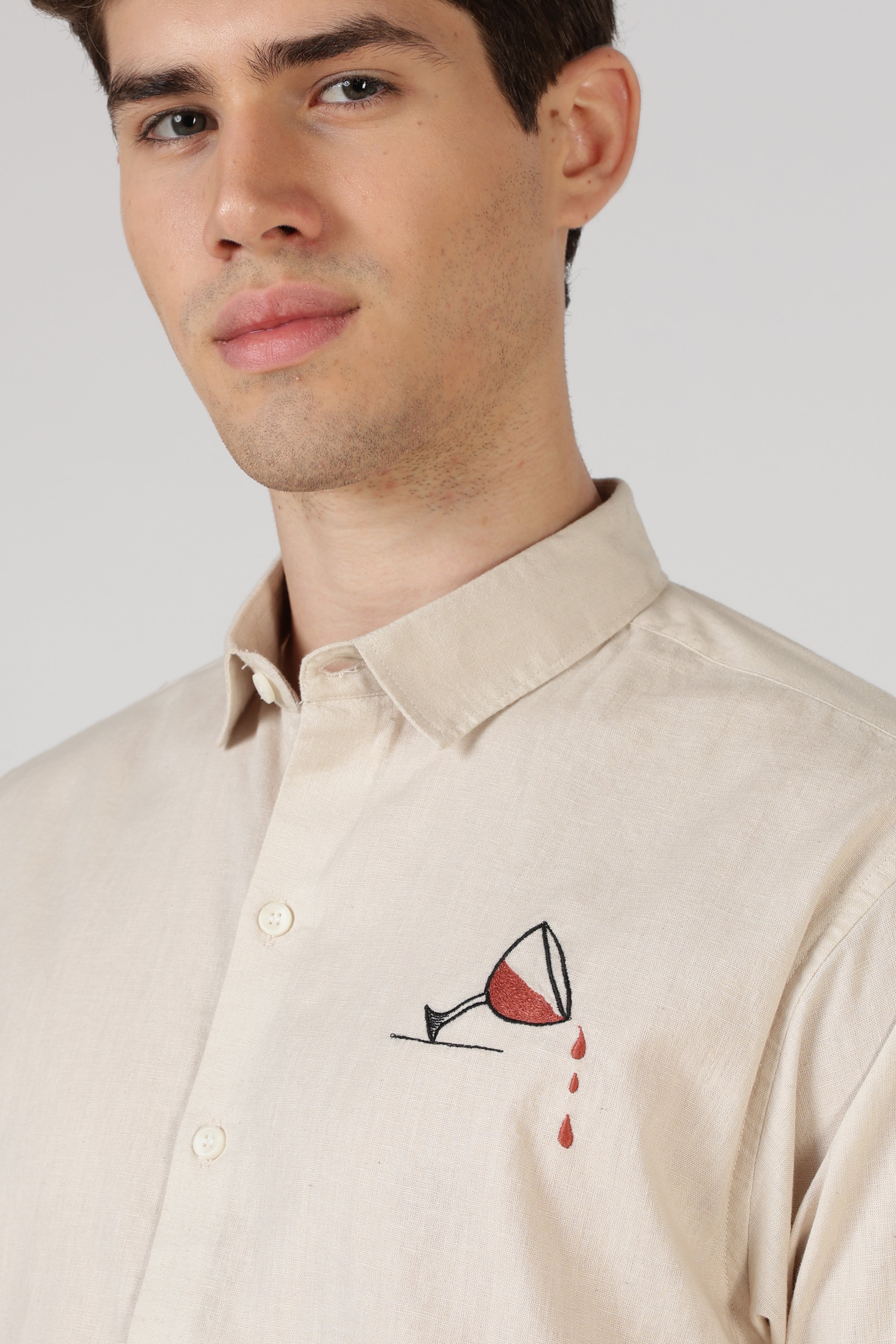Playful Wine Cotton Regular Fit Beige Embroidered Shirt