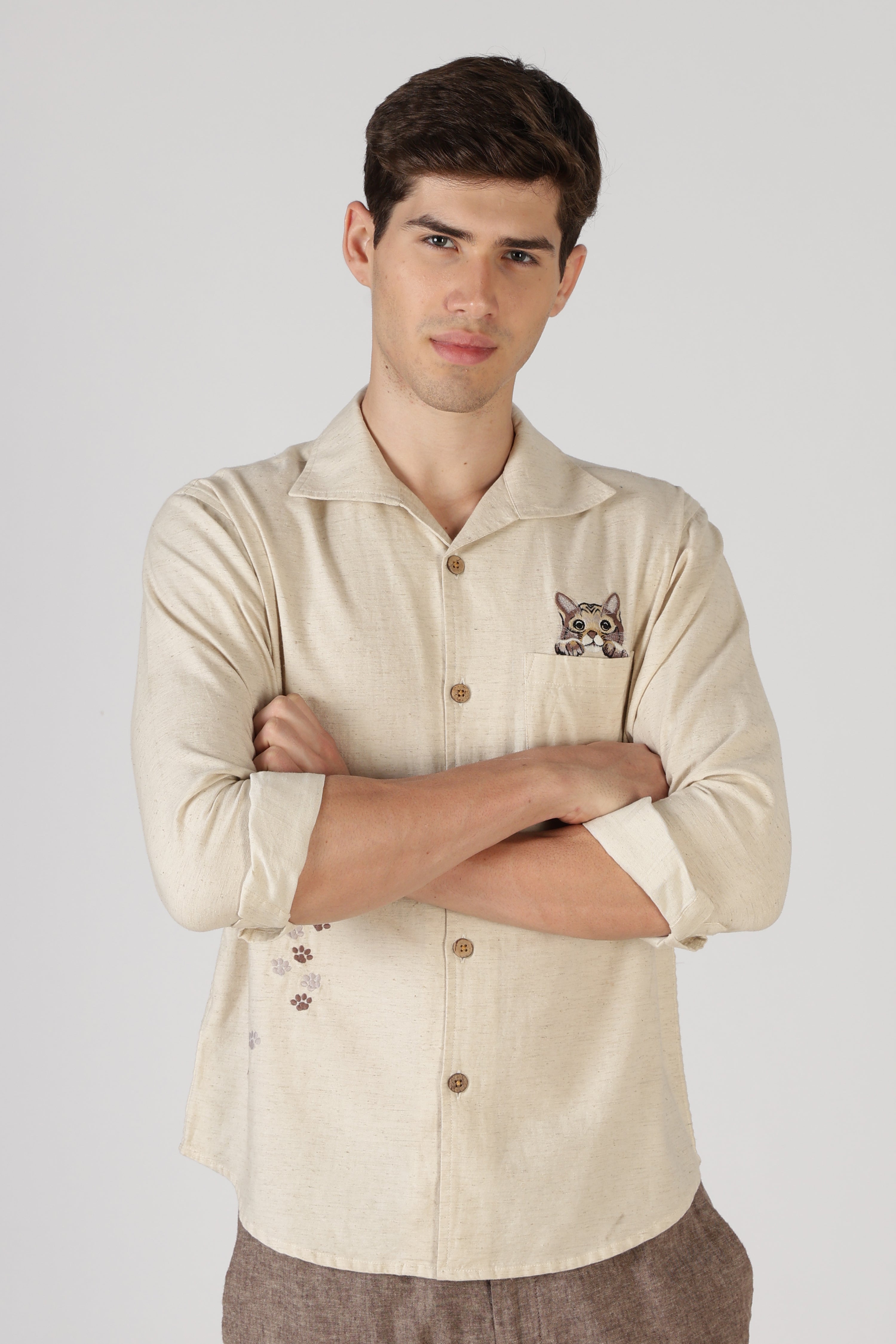 Curious Paws Cooper Collar Beige 100% Cotton  Embroidered Shirt