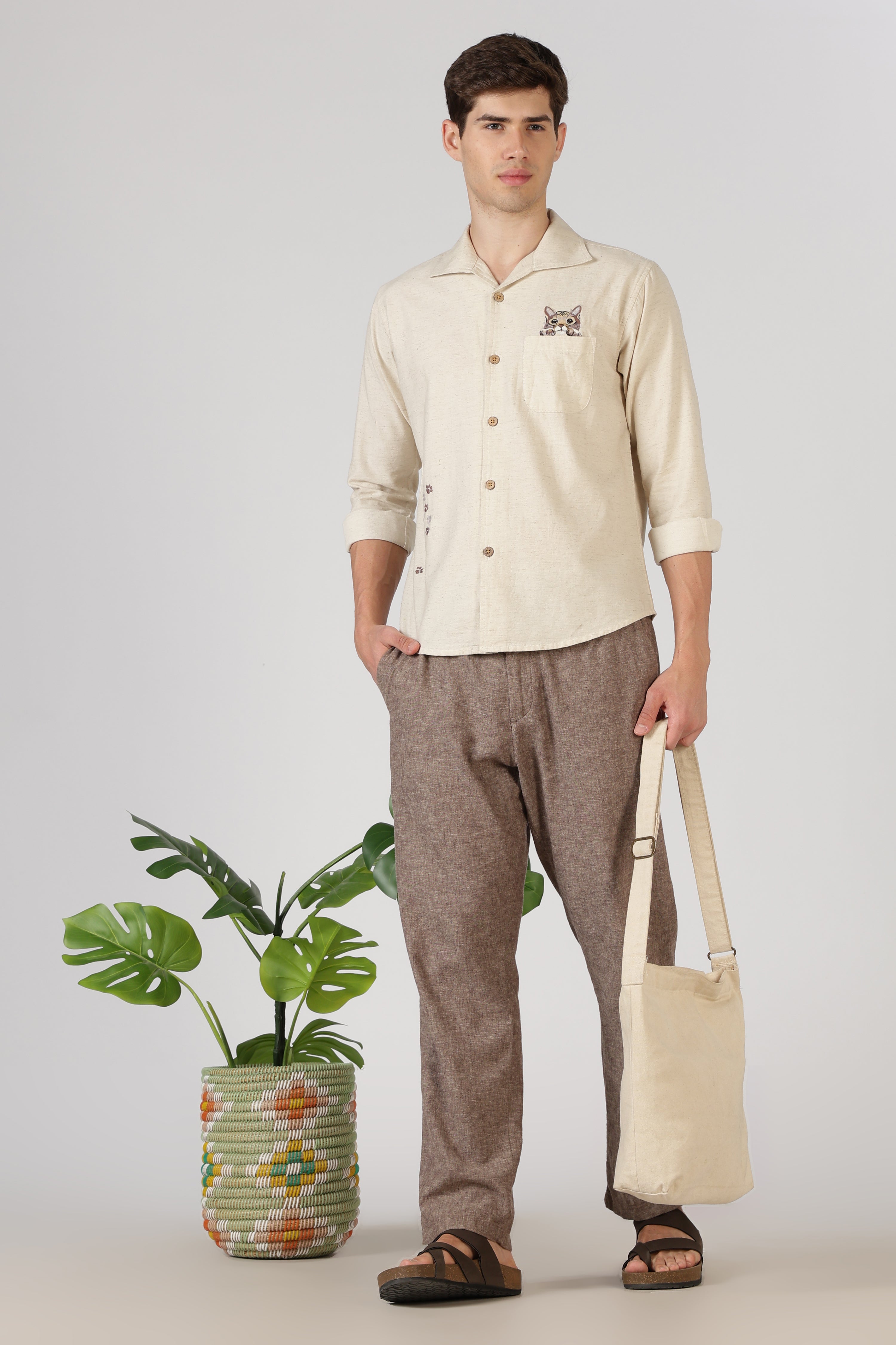 Curious Paws Cooper Collar Beige 100% Cotton  Embroidered Shirt