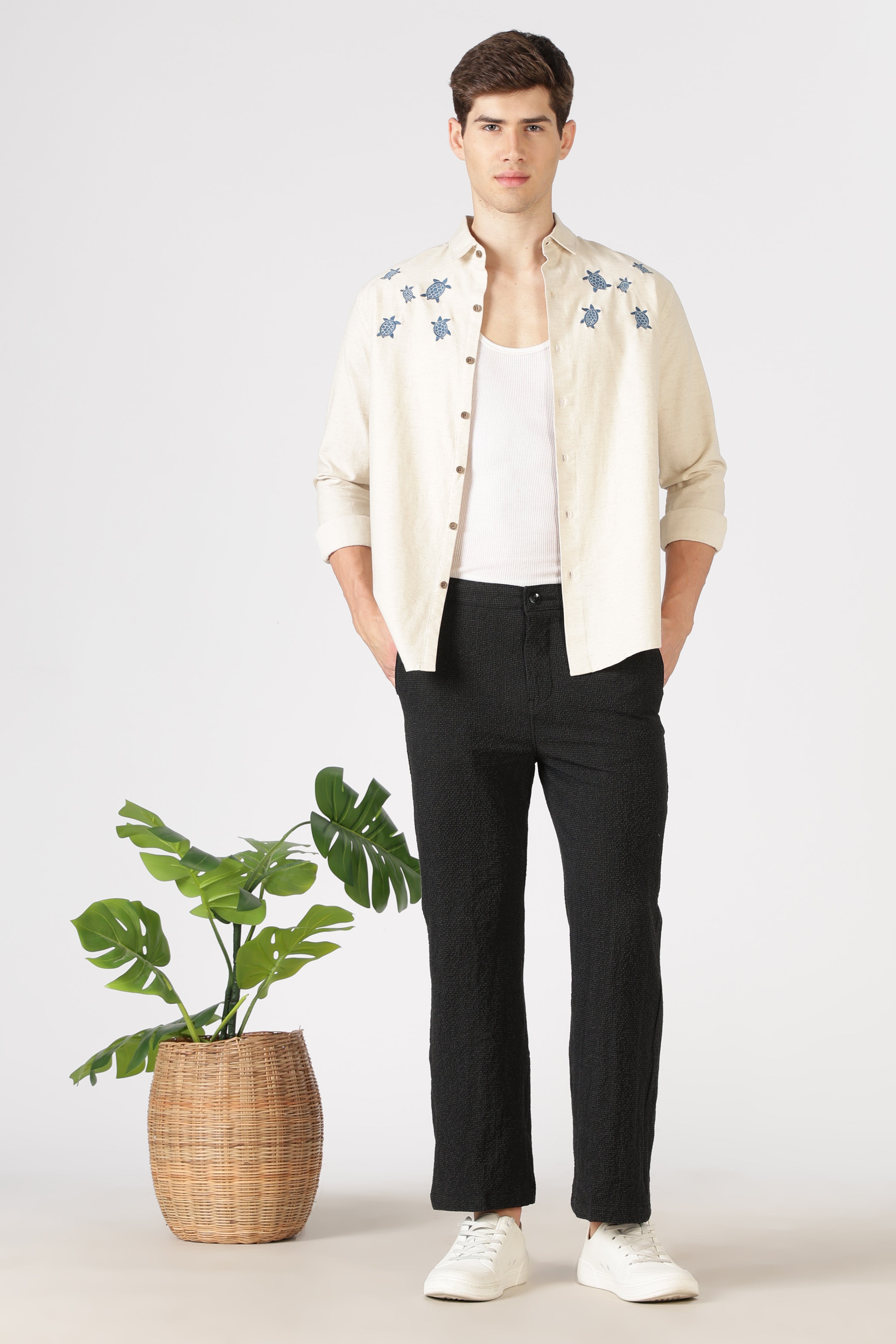 Seer-sucker 100% Cotton Parallel Fit Black Pants