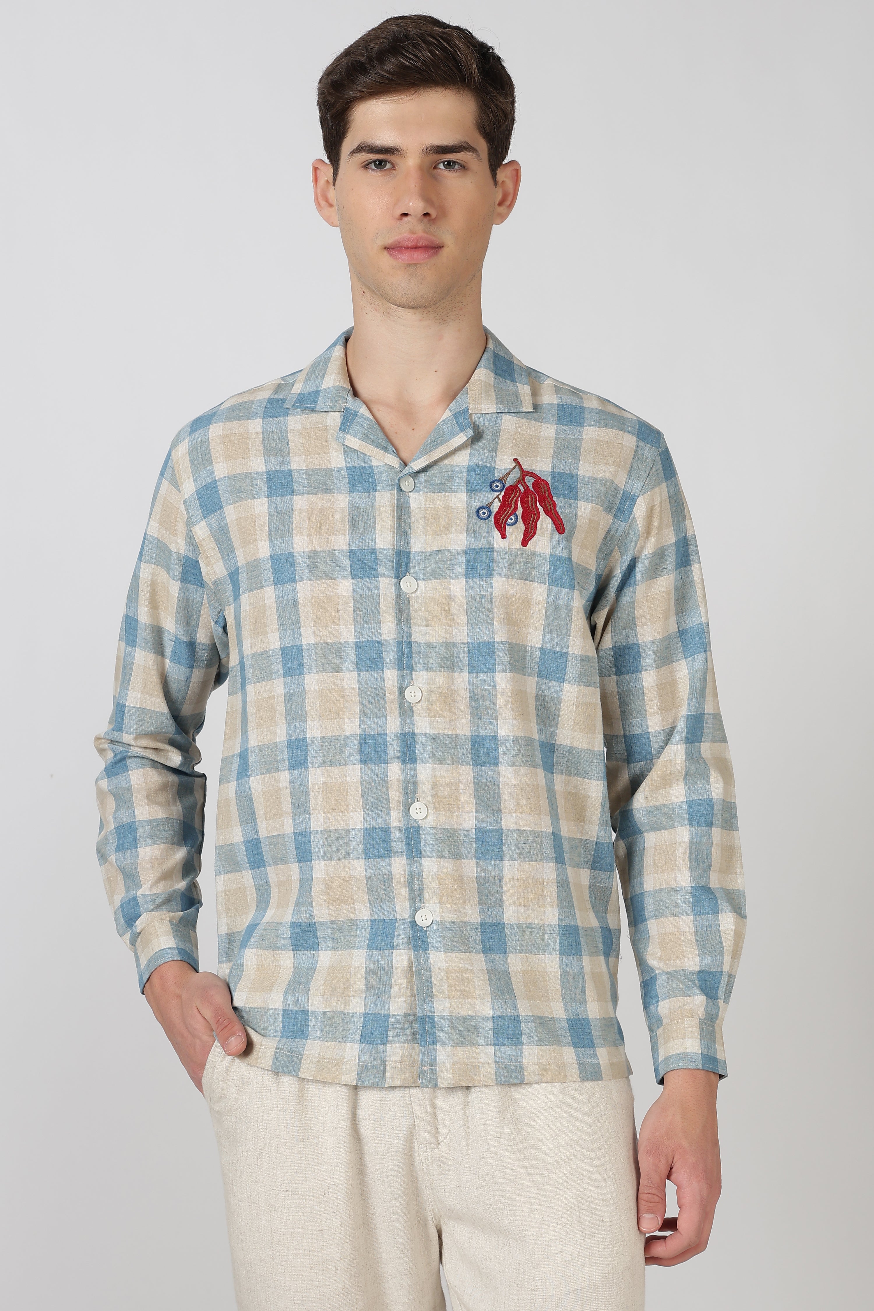 Evil Eye Cotton Box Fit Sky Blue Embroidered Shirt