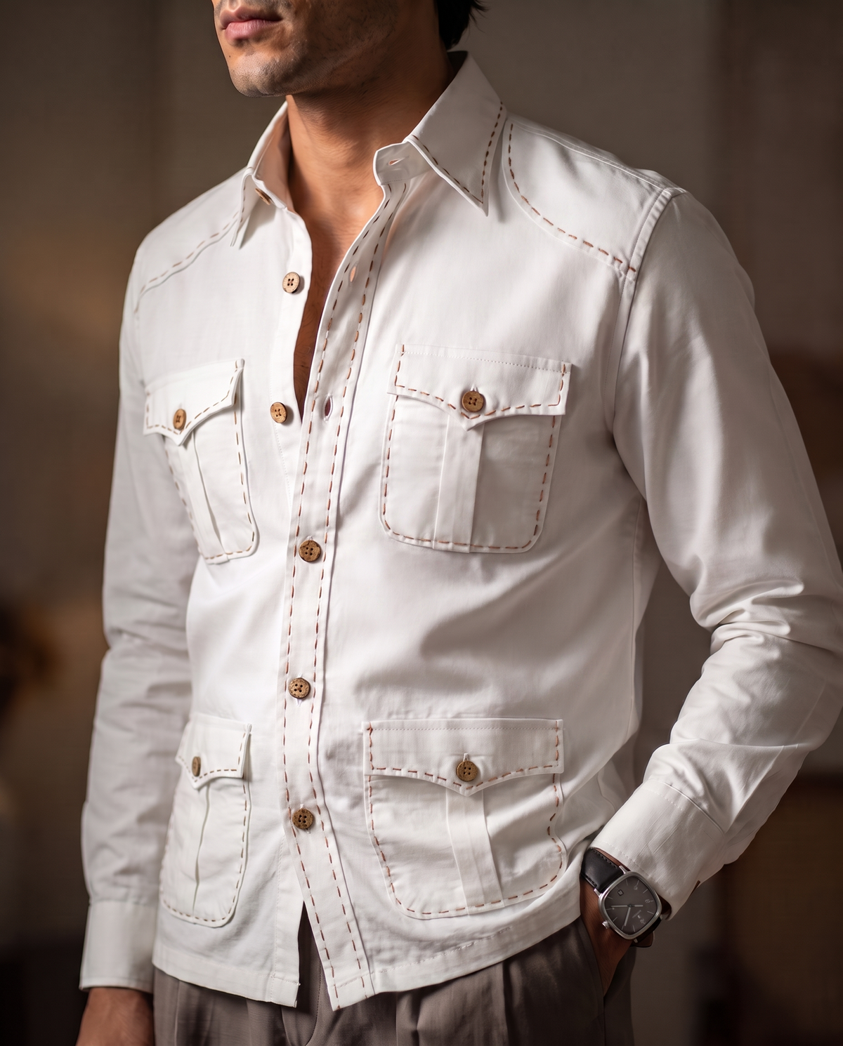Safari Style White Cotton- Pick Stitched with Multi Pockets Shirt