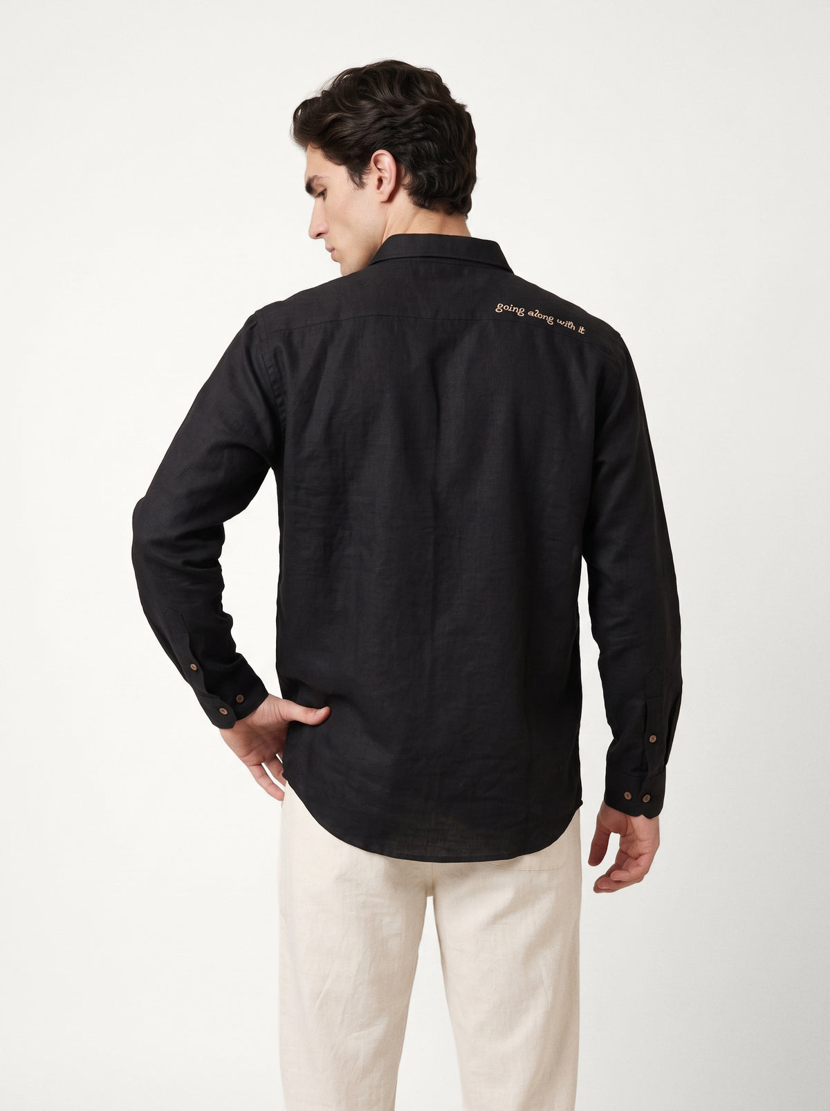 Flight Formation Cotton Regular Fit Black Embroidery Shirt