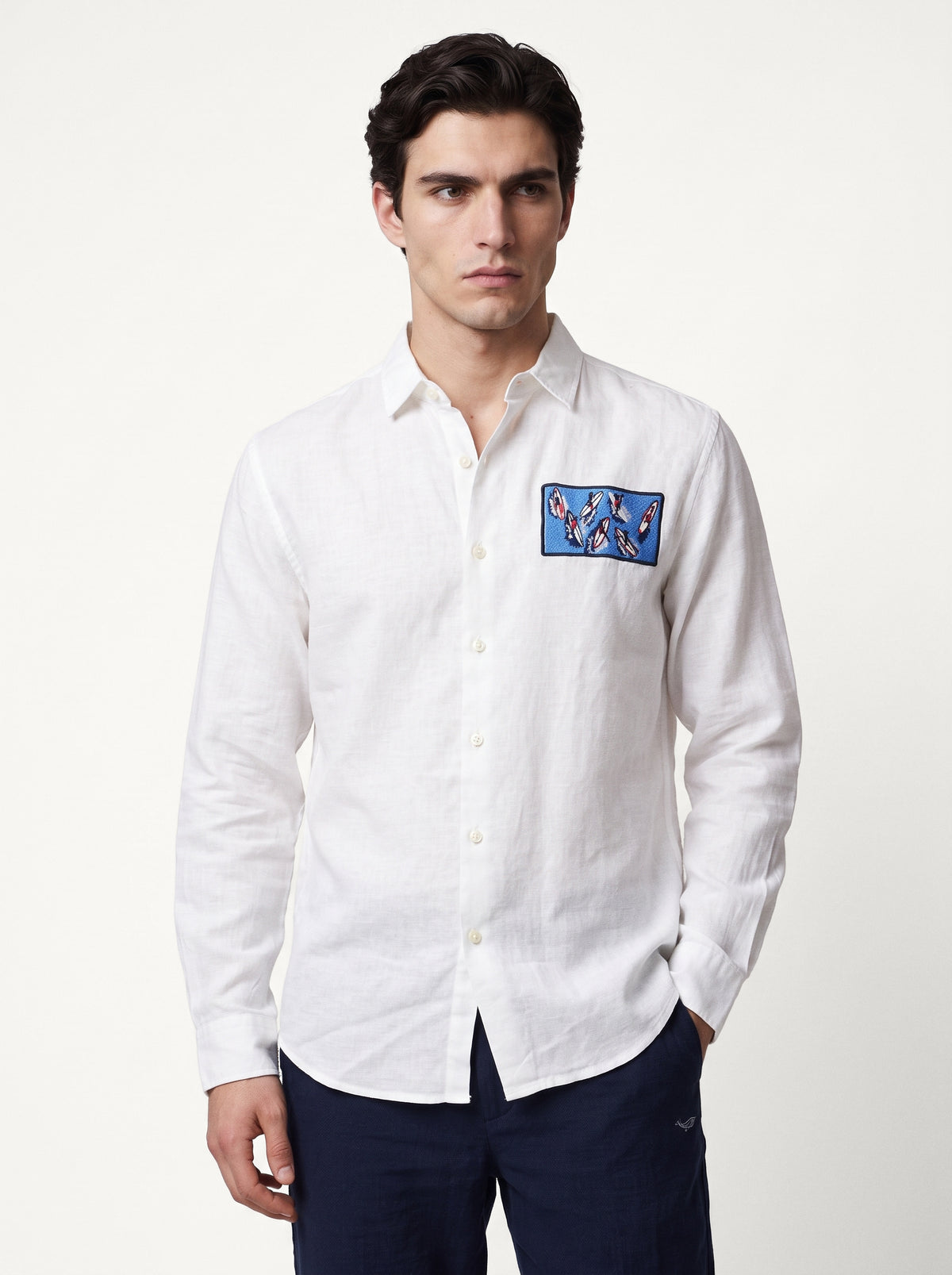 Kayak Playing Cotton Regular Fit White Embroidery Shirt